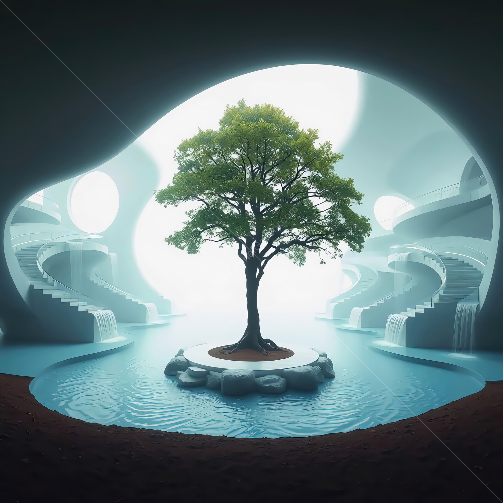 Majestic tree stands in serene water surrounded by flowing architecture in a tranquil, futuristic landscape