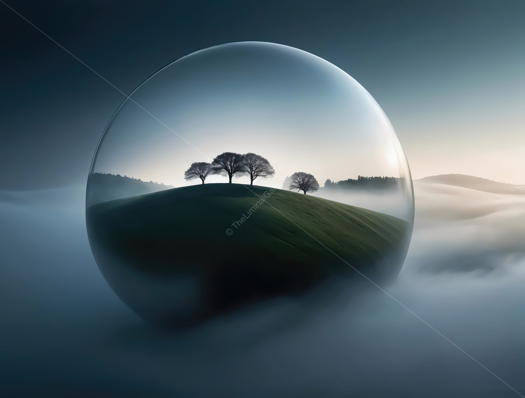 Mystical reflection of trees on a tranquil hill enveloped in morning fog