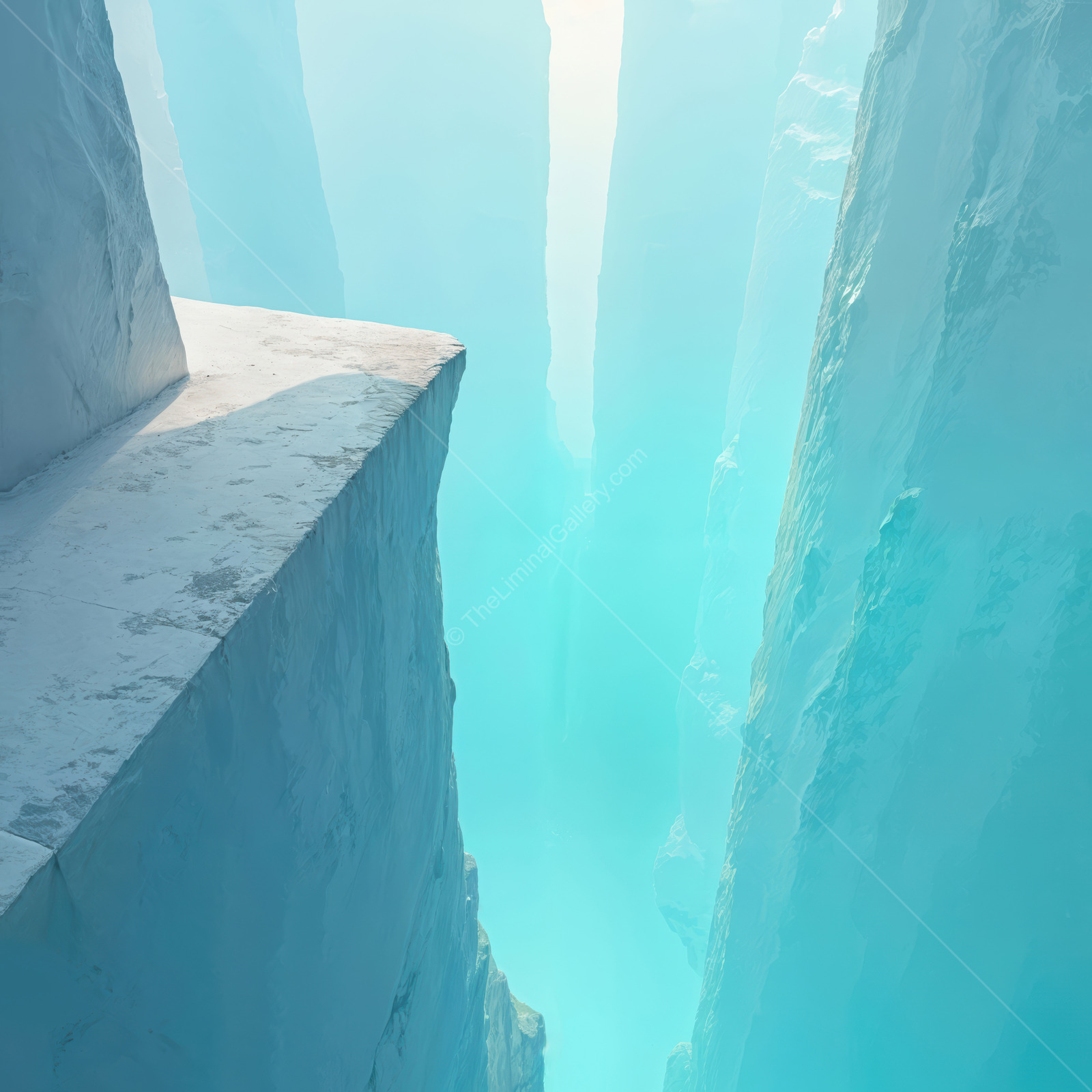 Liminal turquoise canyon glitters beneath gentle sun; tranquil walls beckon hikers to explore, reflect and capture the breathtaking geological artistry of this serene gorge