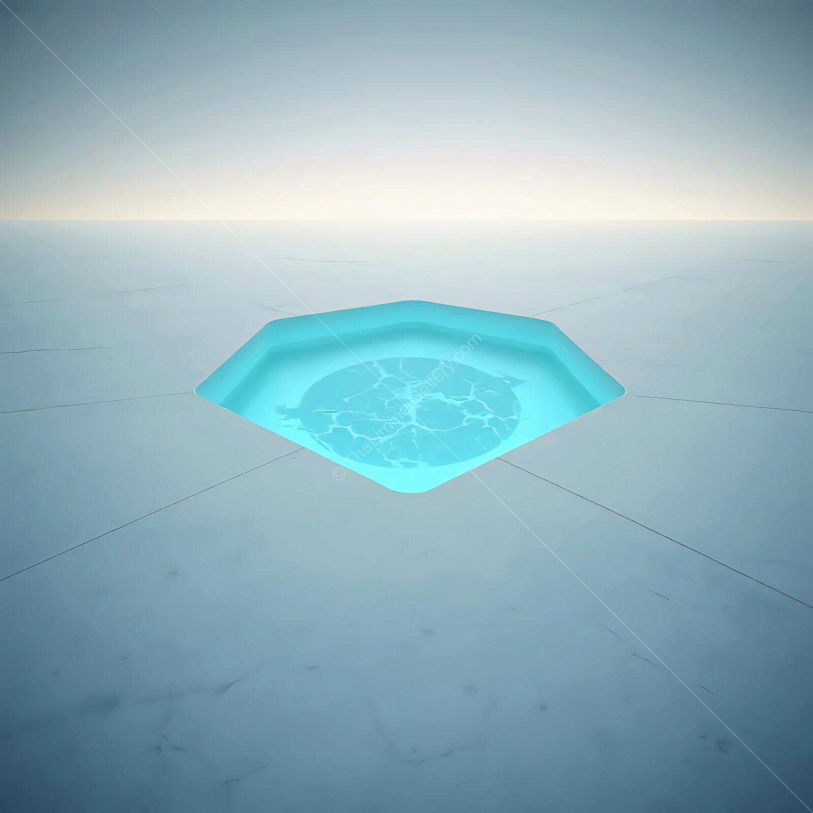Serene turquoise pool emerges from a minimalist floor under soft ambient light