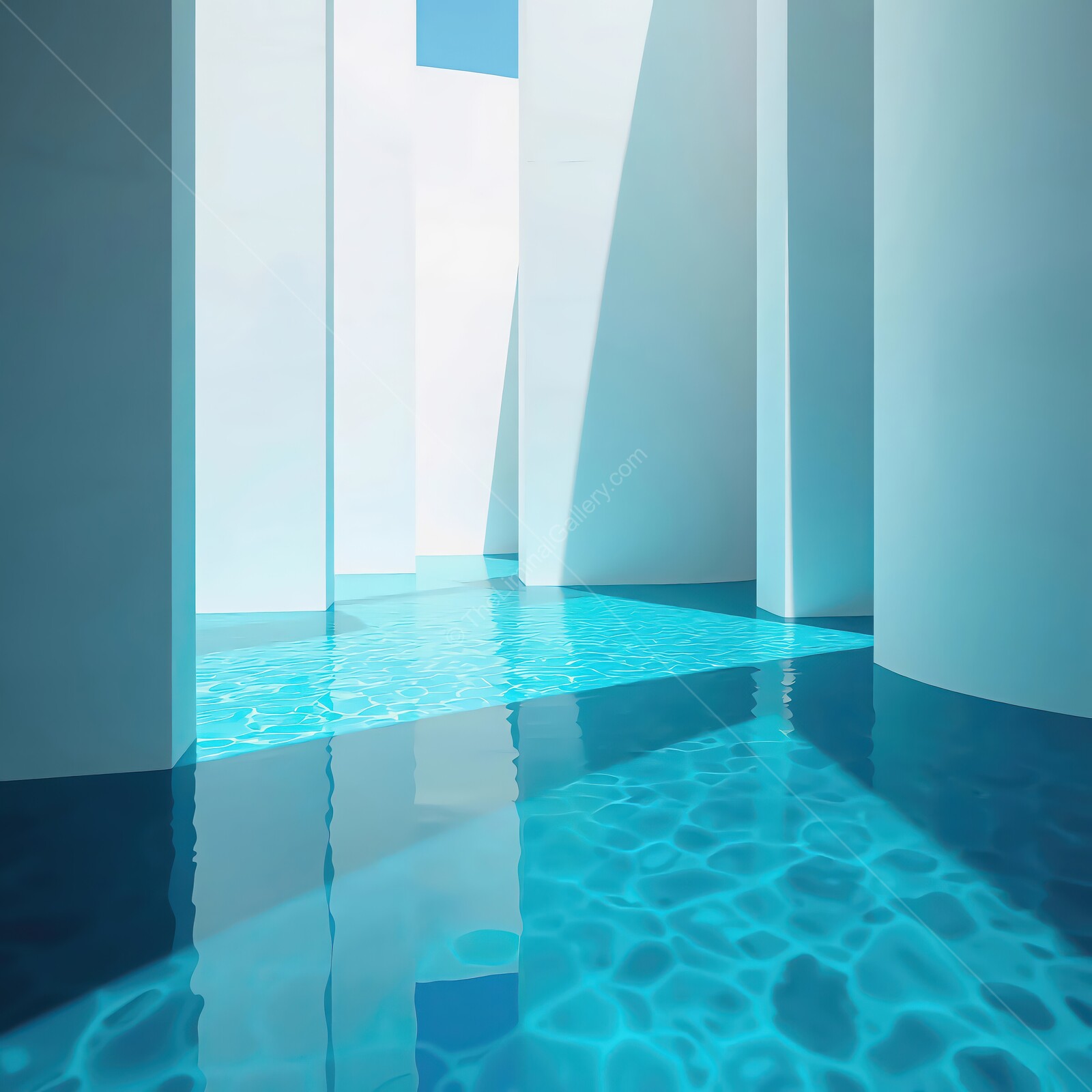 Breathtaking liminal turquoise reflections in an architectural water maze at midday