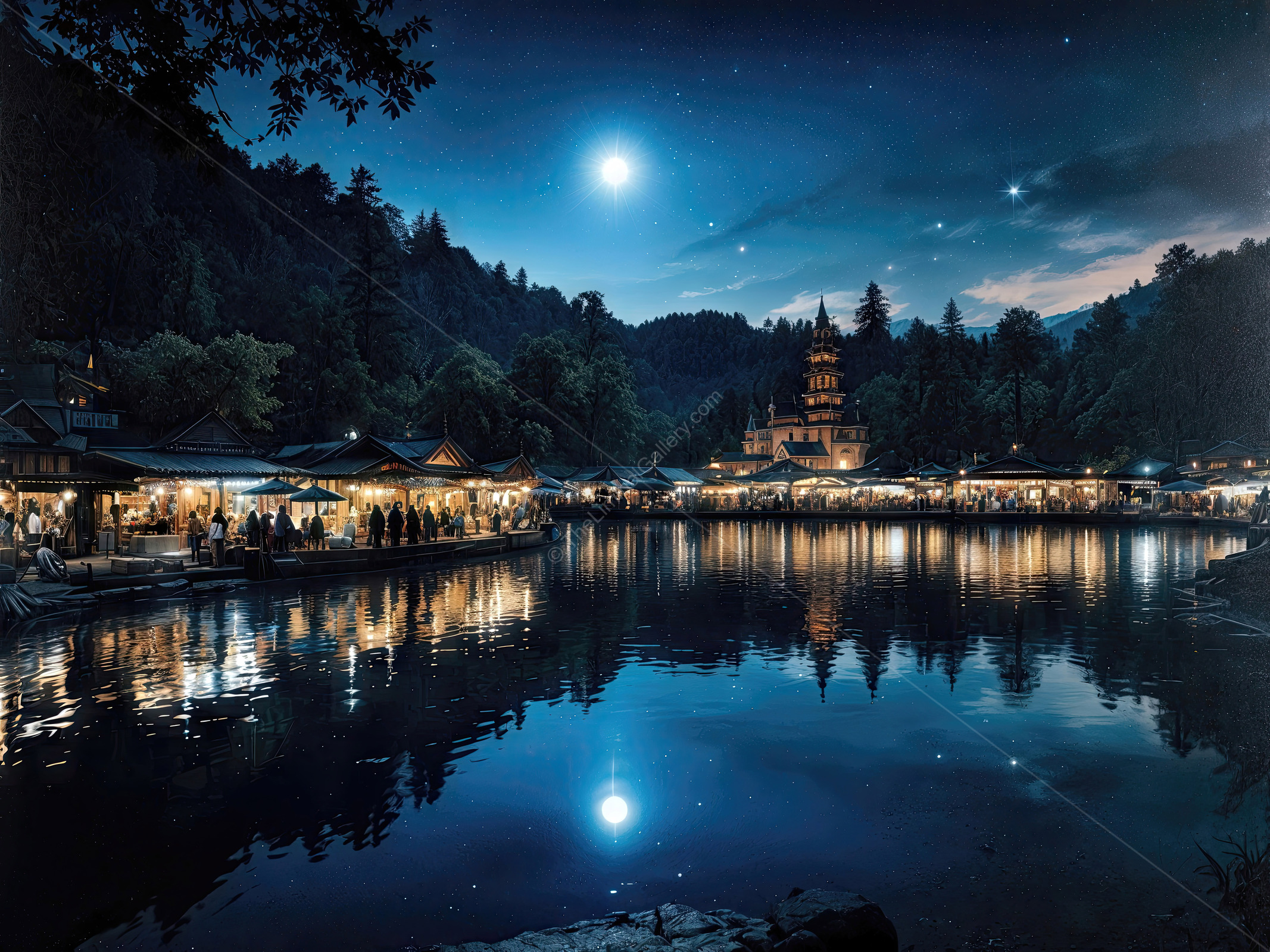 Liminal twilight reflects on a still lake as vibrant market stalls buzz nearby, merging lively color with dusk calm beneath softly darkening hills