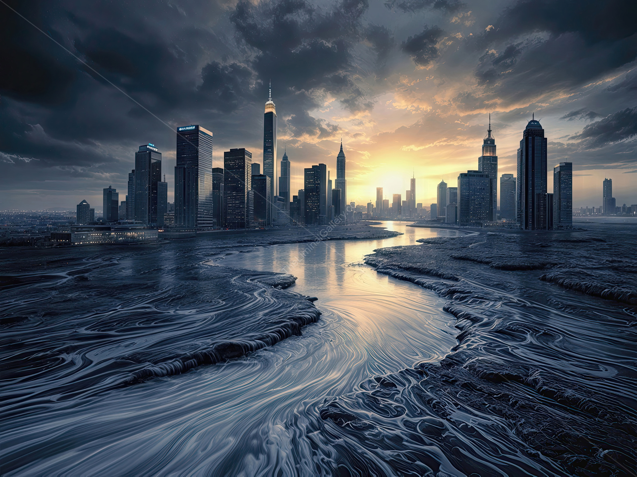 Majestic city skyline against a dramatic twilight backdrop with swirling waters, highlighting the beauty of architecture and nature's artistry