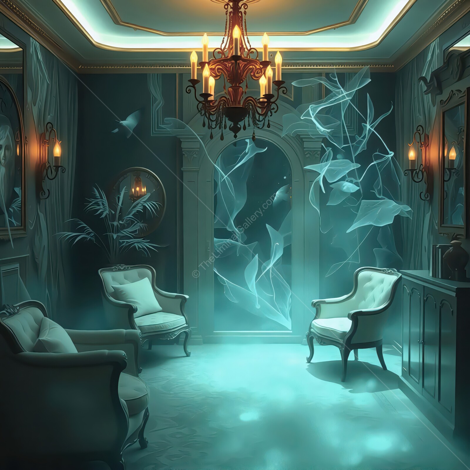 Mysterious underwater illusions in a dimly lit elegant room with ornate chairs