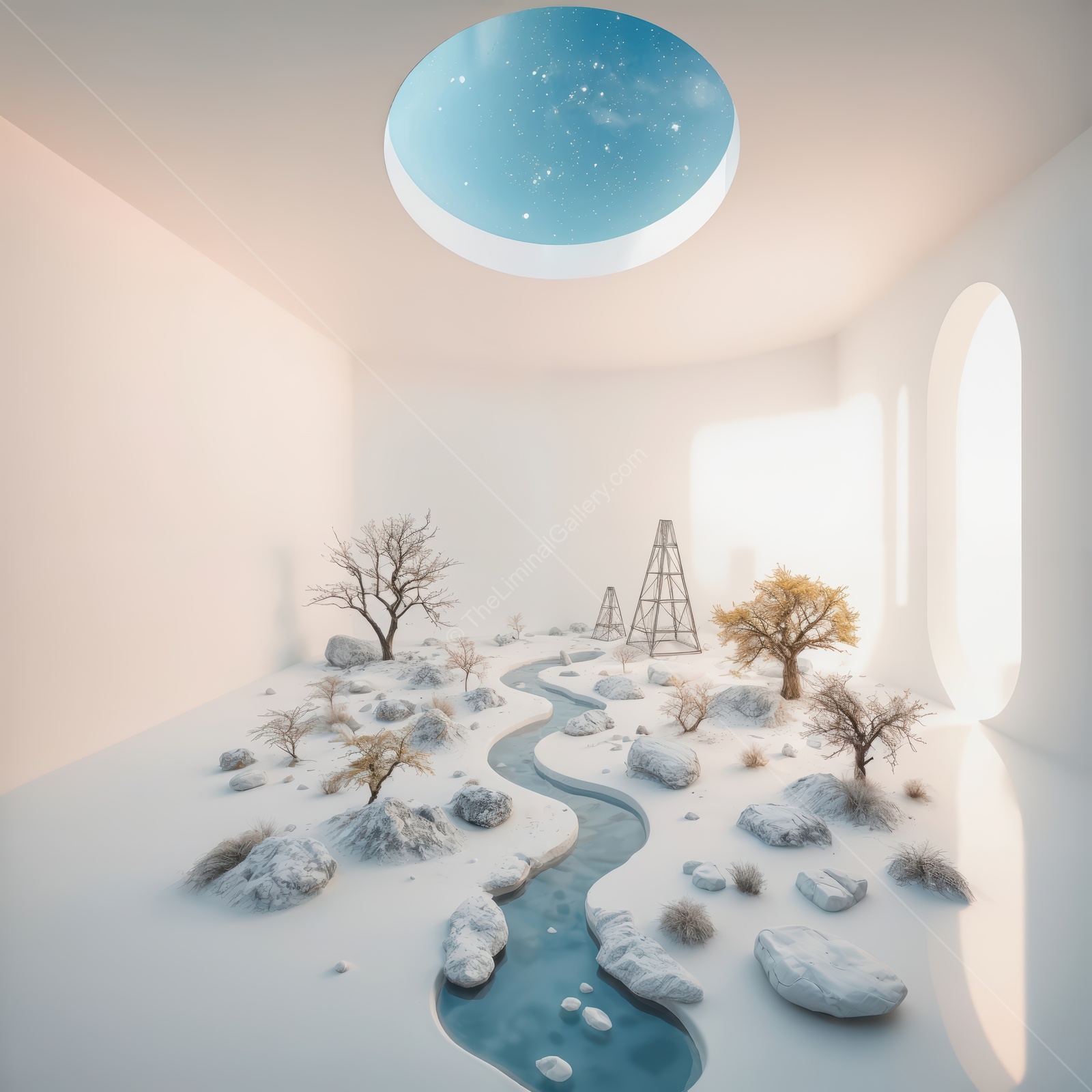 Unique liminal landscape merging nature and modernity in a dreamlike white room with rivers and trees