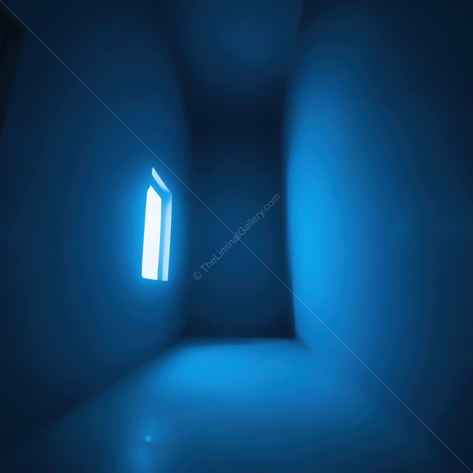 Unique liminal blue room illuminated by a bright window creating a serene atmosphere for reflection
