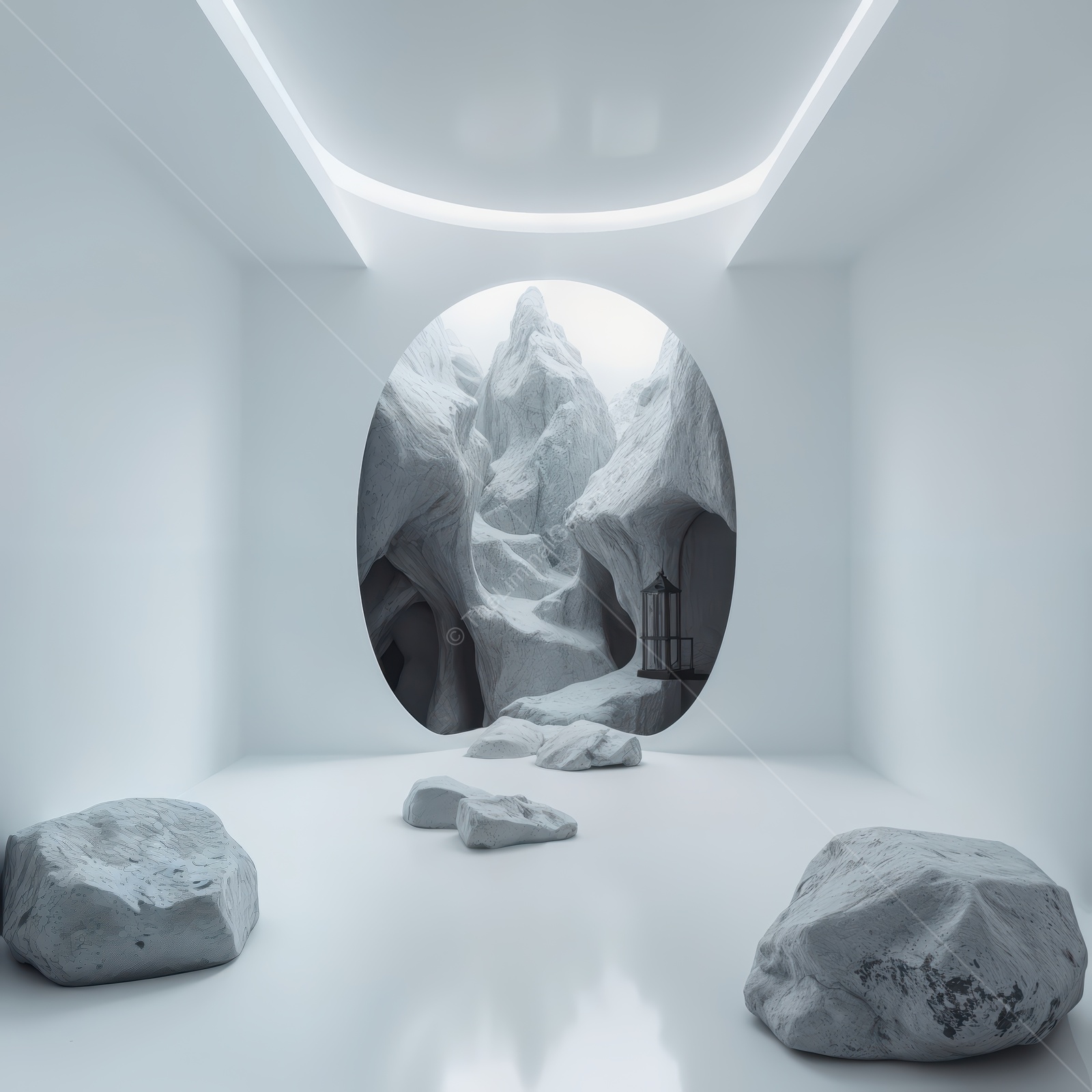 Unique minimalist interior with a surreal cave-like view and natural elements in a serene atmosphere
