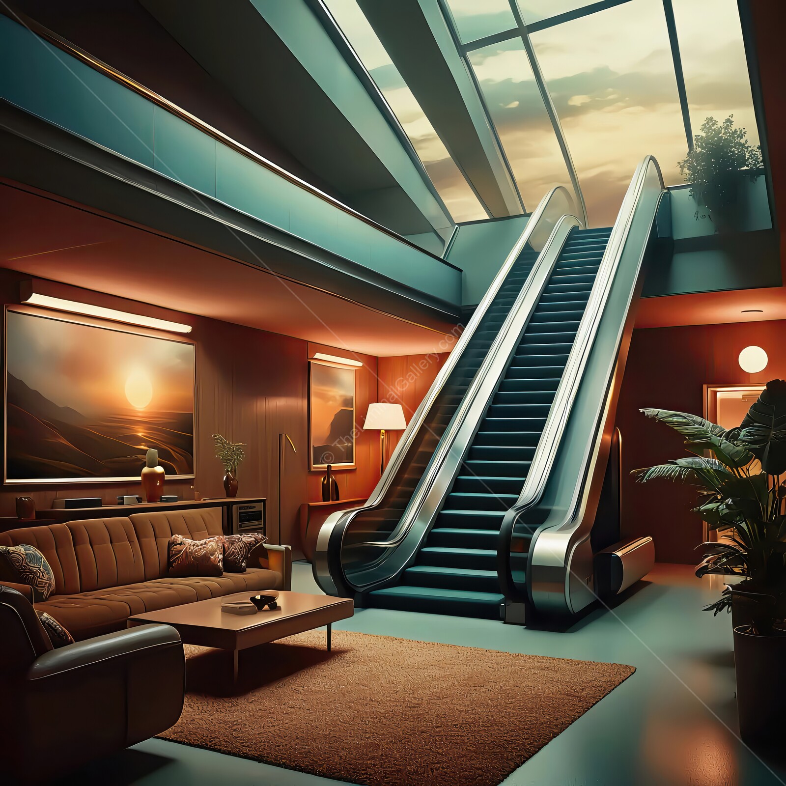 Modern interior design blends nature and technology in an upscale liminal lounge area with an escalator at sunset