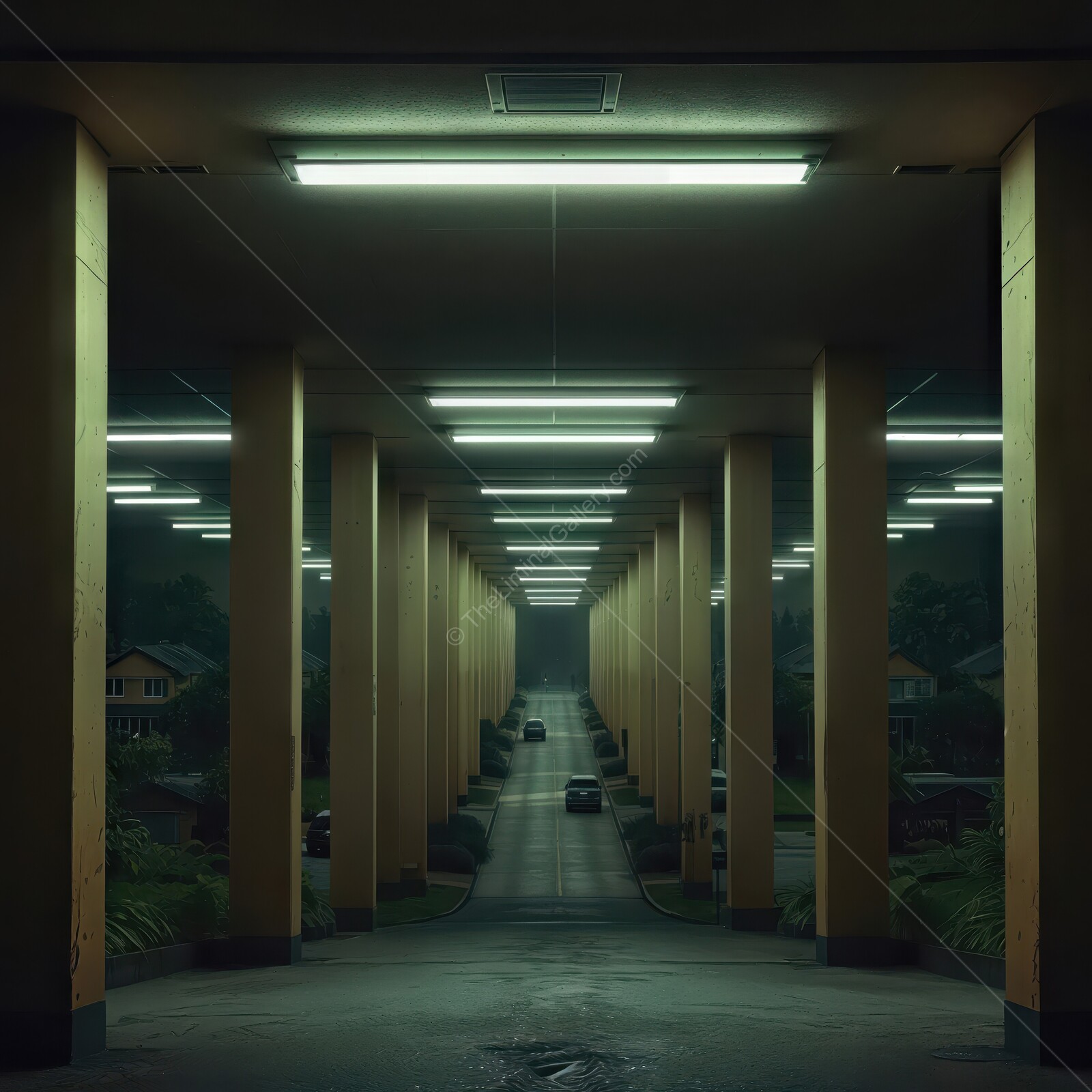 Mysterious liminal urban corridor illuminated by fluorescent lights at dusk