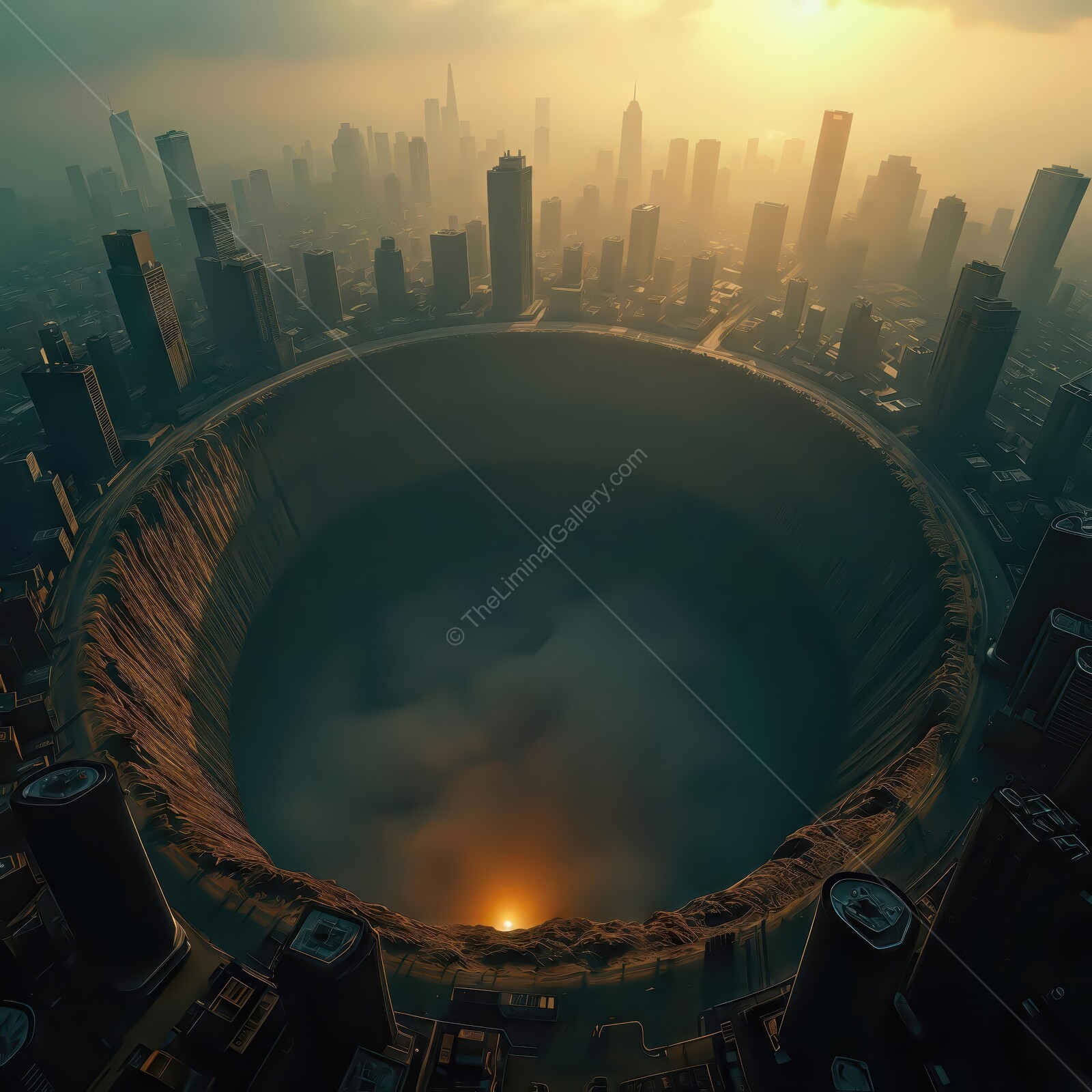 Unveiling the mystery of a massive urban pit at sunset over a bustling city skyline