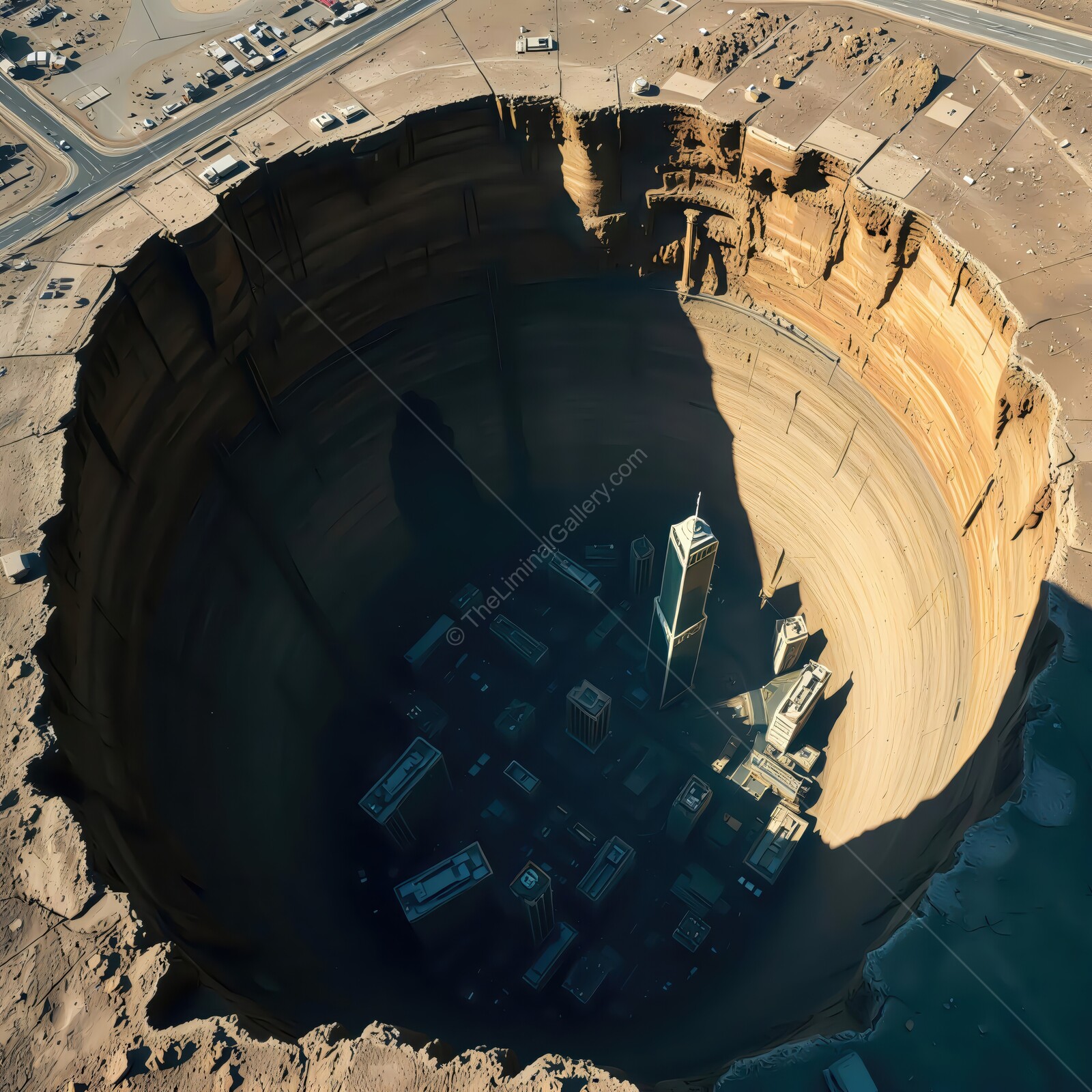 Vast canyon reveals hidden cityscape illuminated by ambient sunlight