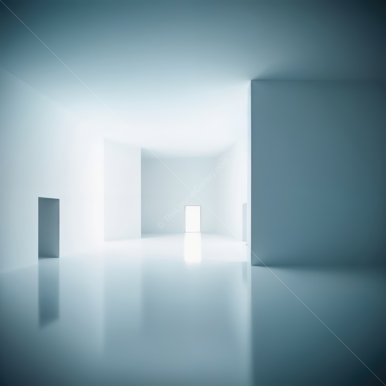 Vast open liminal space with illuminated doors in a minimalist architectural setting