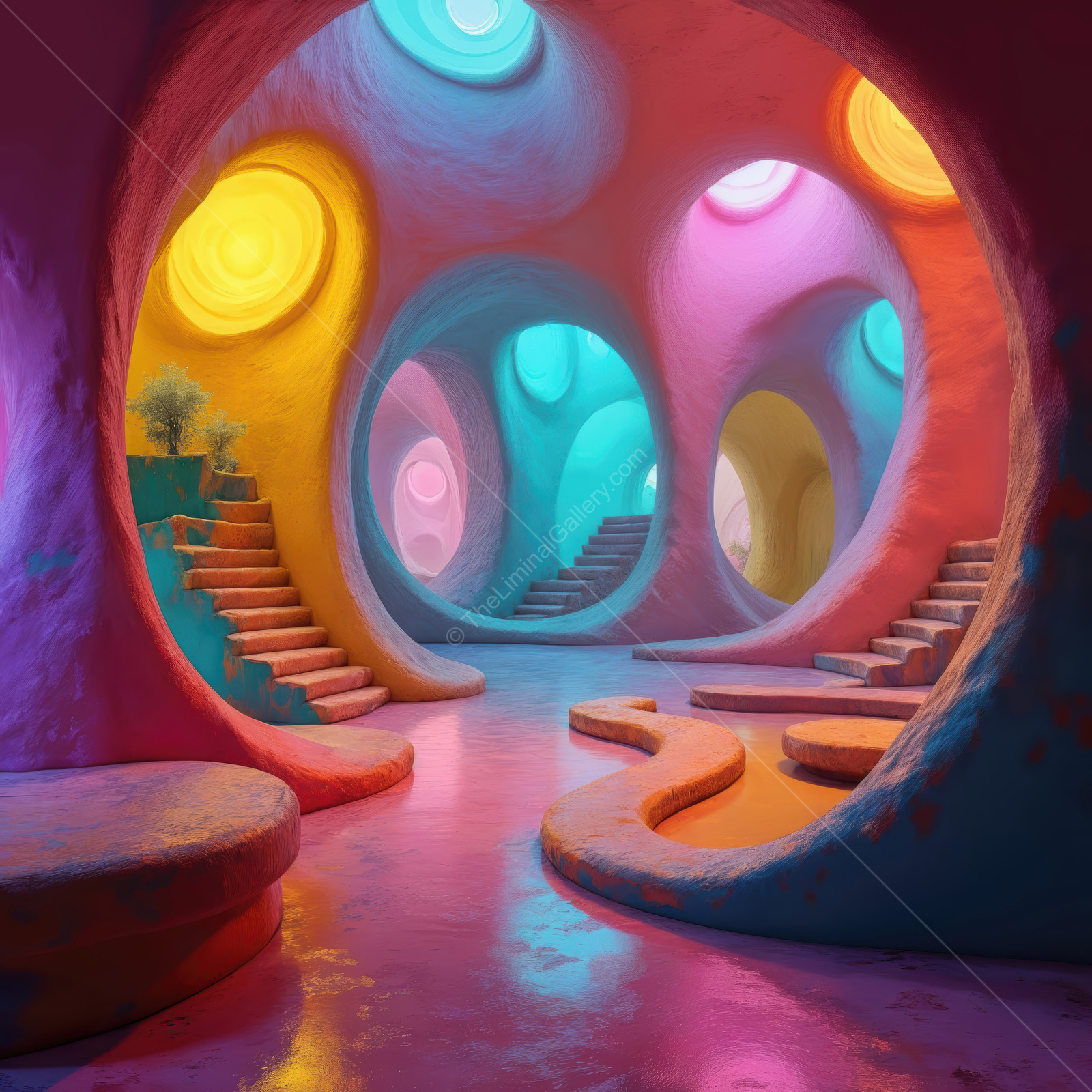 Vibrant interior bursts with swirling colors and rounded arches, weaving fantasy aesthetics into everyday space and transporting occupants into a whimsical, imaginative realm