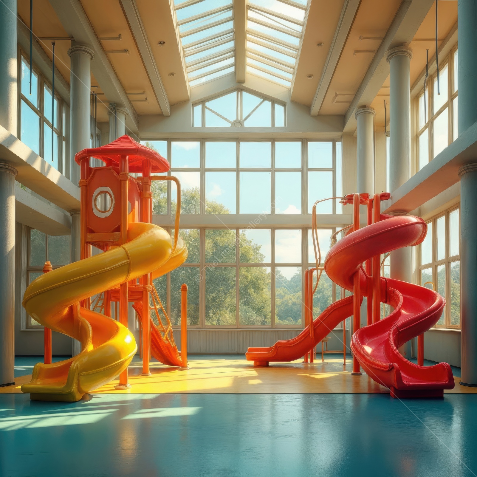 Liminal sun-fed indoor playground showcases vibrant slides and bright surfaces, creating cheerful haven where children revel in color, light and imaginative play