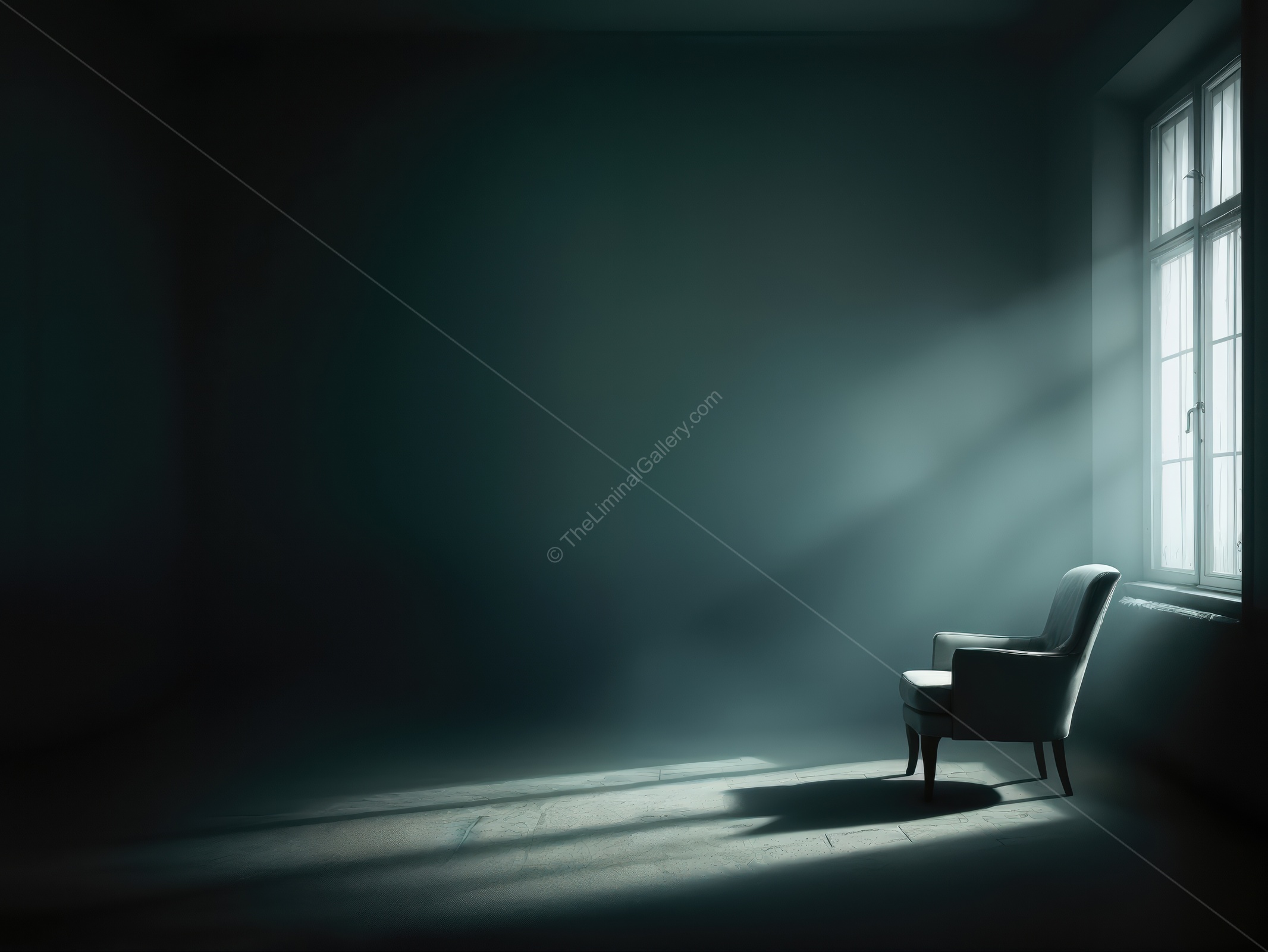 Vintage chair occupies softly lit dawn room; intricate shadows dance along walls, adding delicate beauty and poetic quiet to the still morning interior