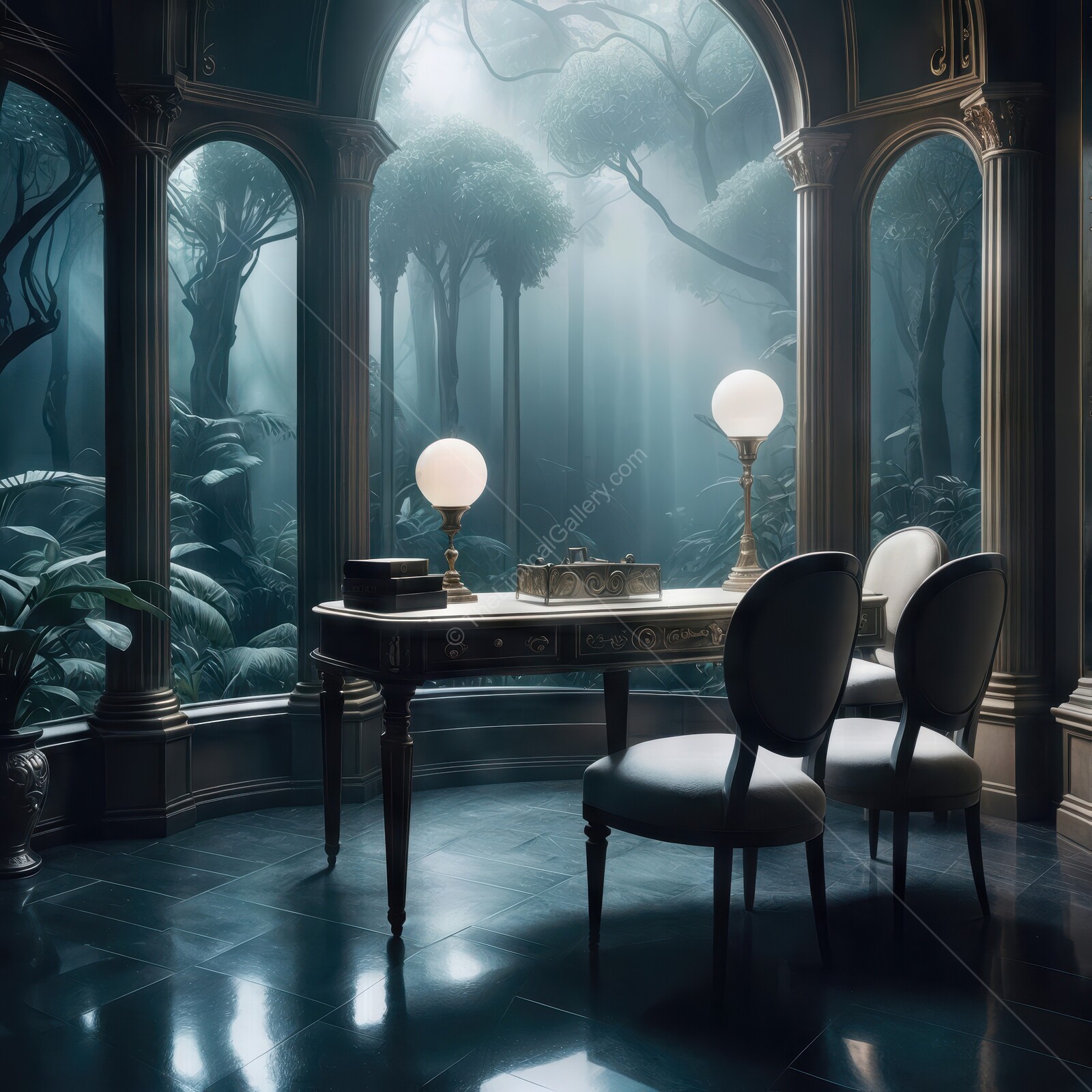 Ethereal elegance of a vintage study bathed in moonlight with lush greenery outside