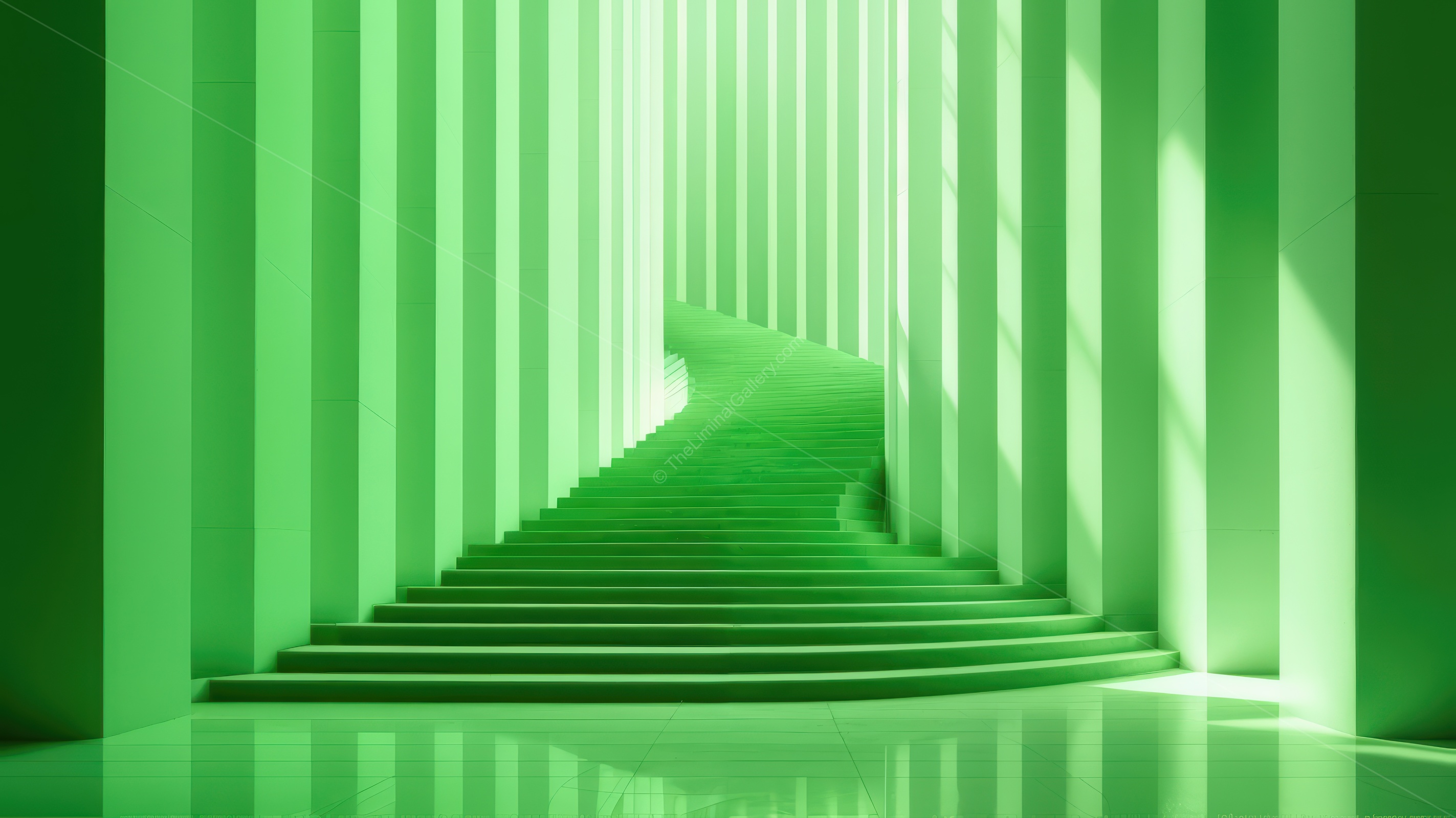 Liminal staircase painted vivid green twists through bright atrium at dusk, its ascending path promising mysterious destinations and inviting exploration