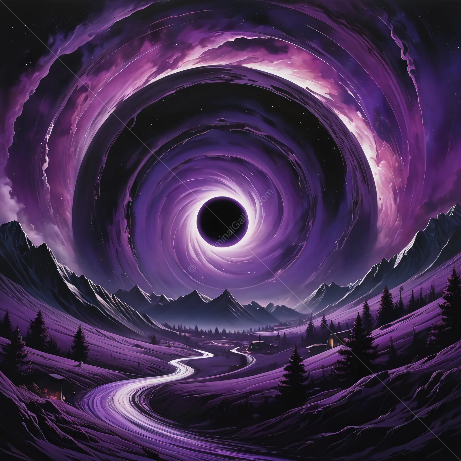 A mystical vortex transforms a tranquil valley under a starry night
