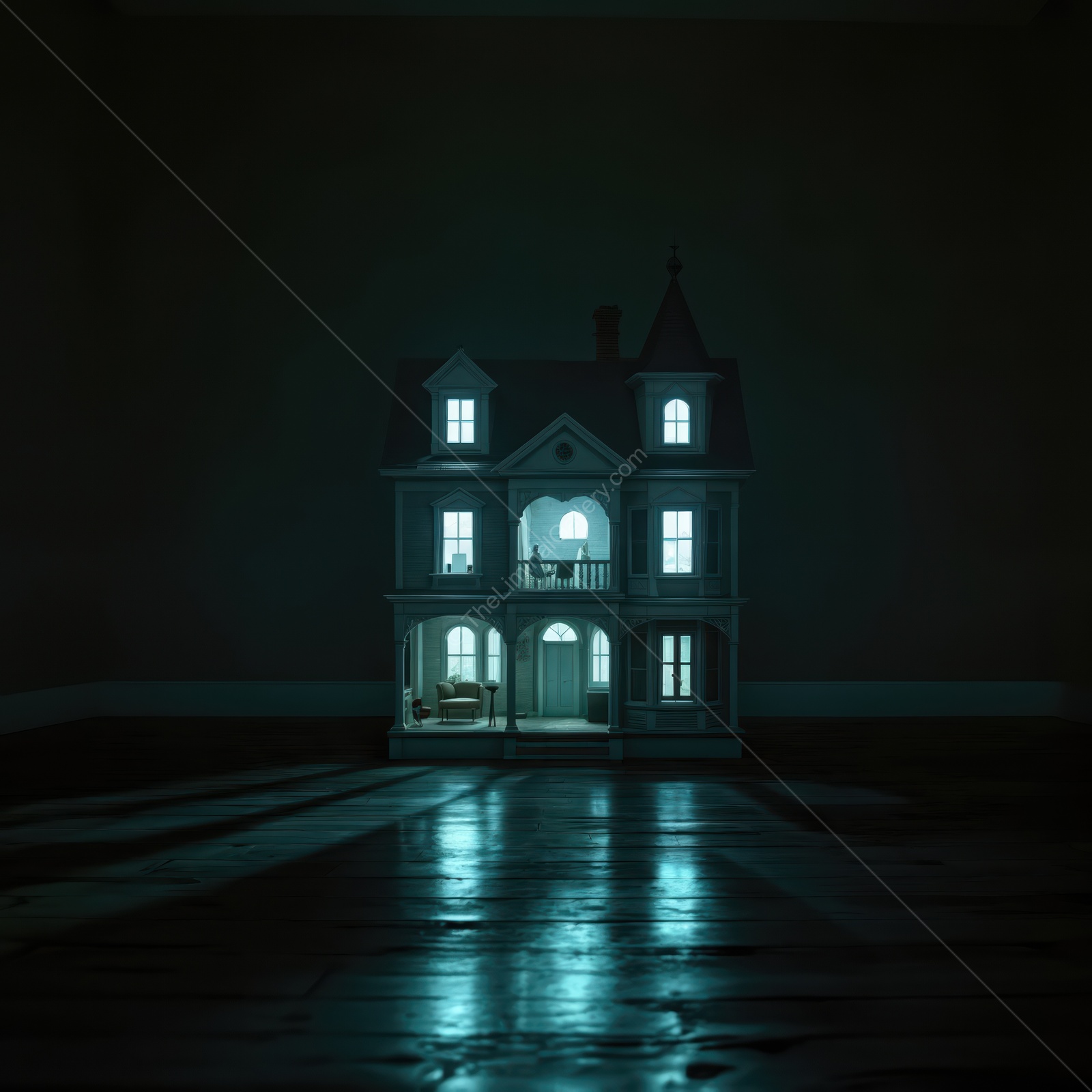 In the enchanting stillness of the night, delicate whispers dance through a charming dollhouse, where the walls are bathed in a warm and inviting soft glow