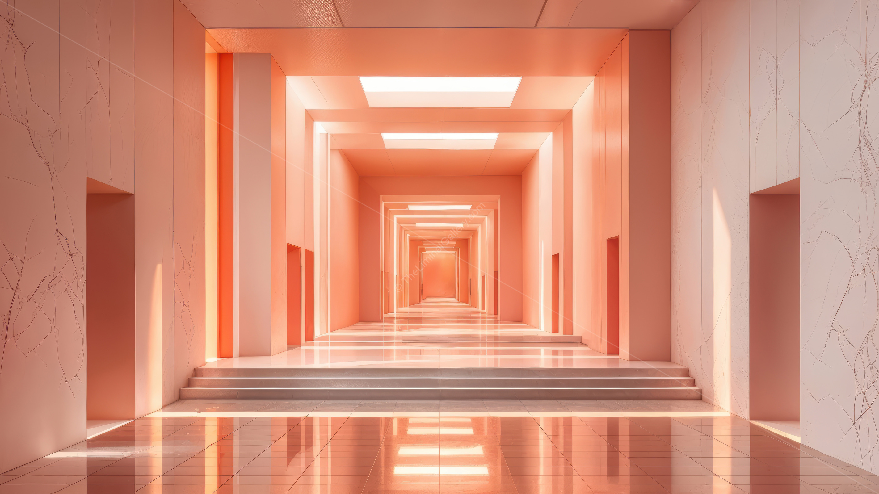 Intersecting pathways of warm light and sleek structure craft a mesmerizing interior, reflective surfaces amplifying depth and encouraging exploratory wanderers