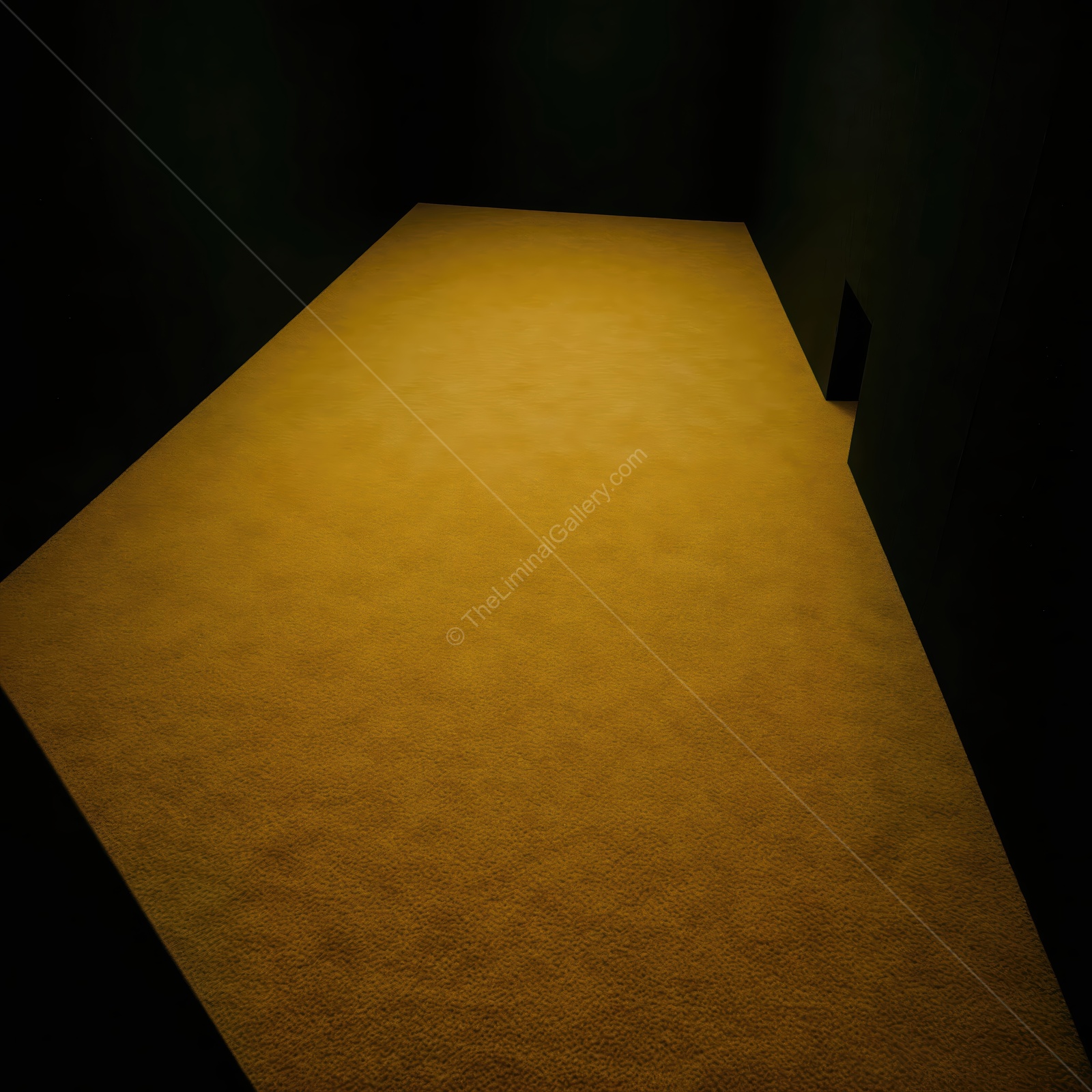 Empty corridor with warm light creating a dreamlike ambiance in a dark space