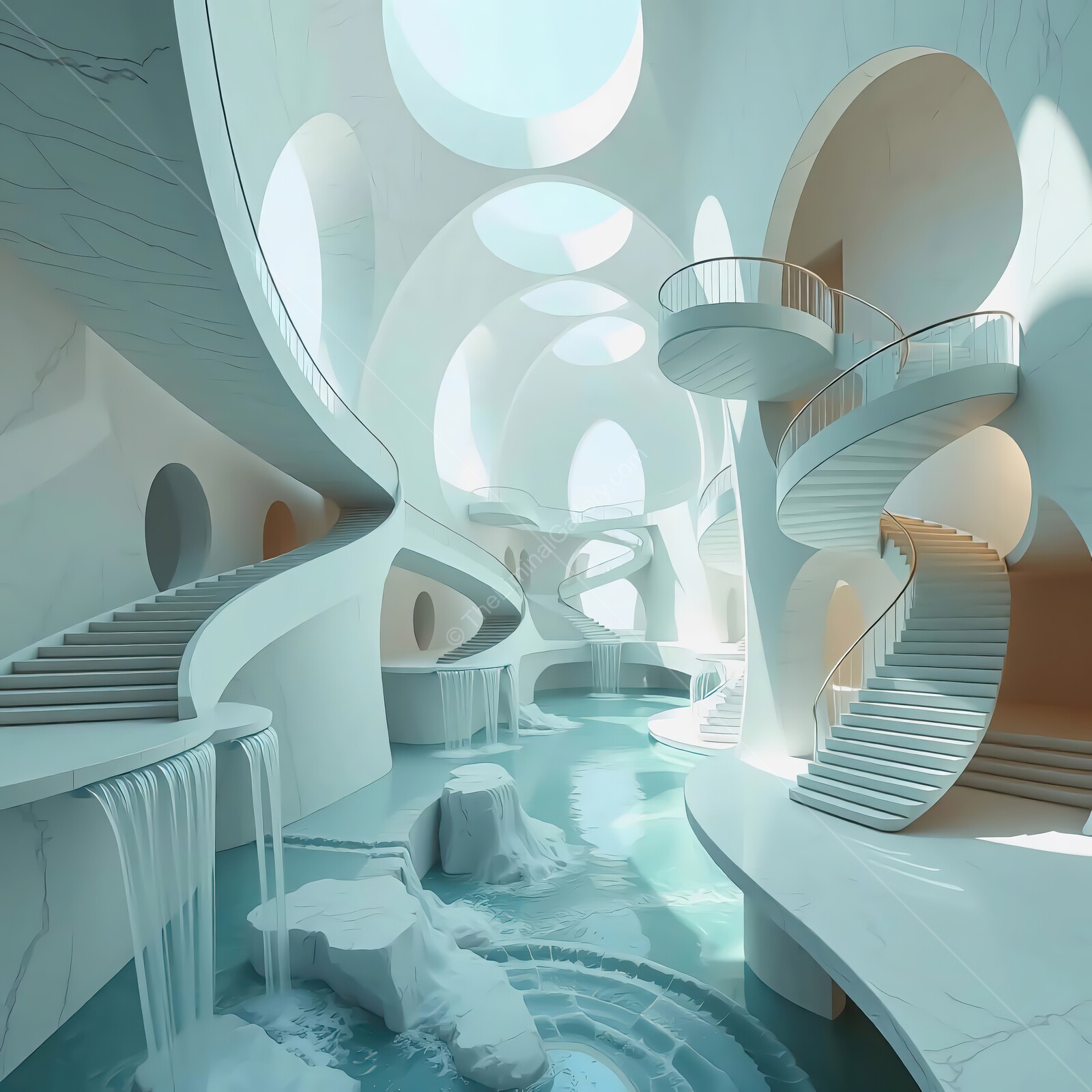 Majestic water features and elegant liminal architecture in a serene modern space with flowing forms and natural light