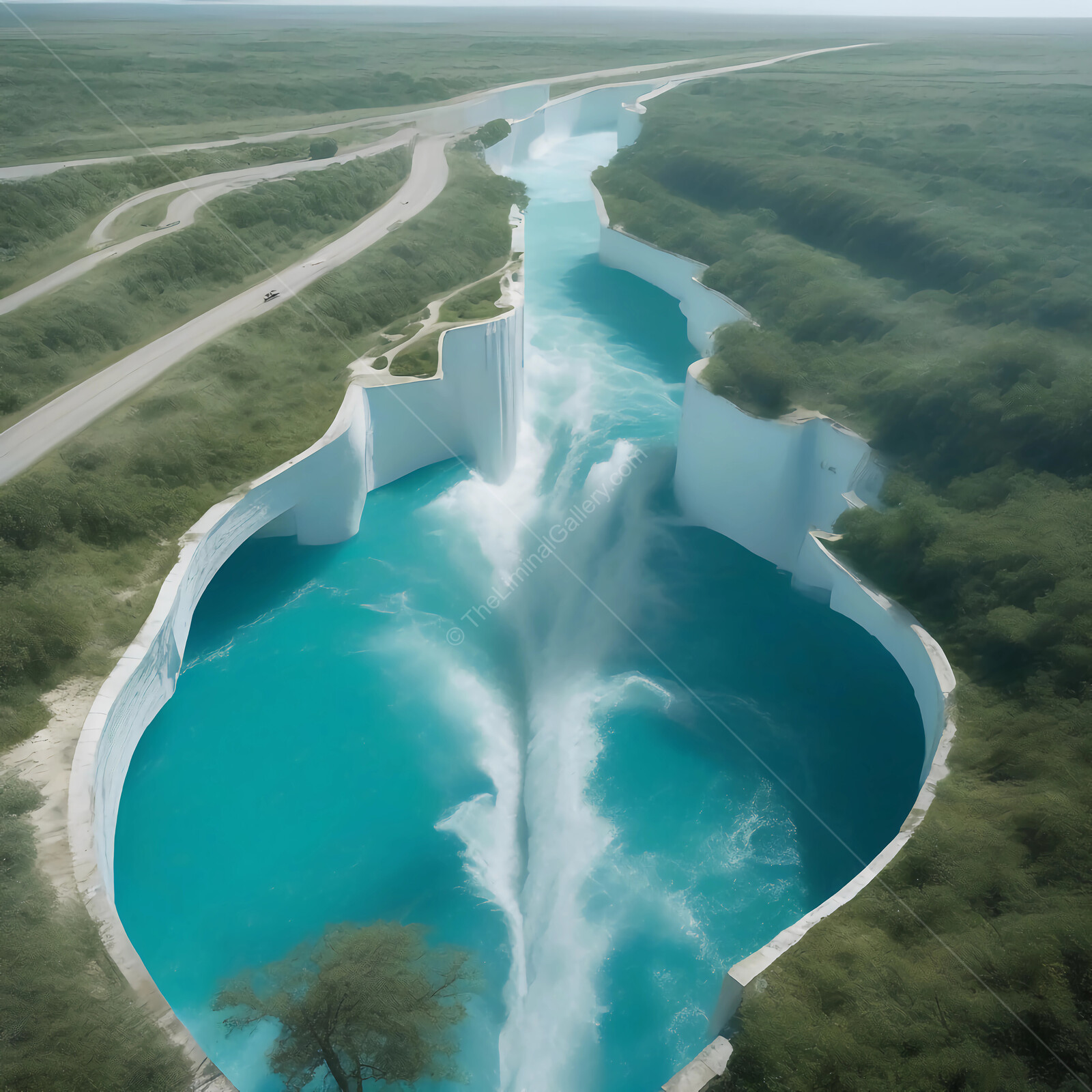 Water cascades dramatically from steep cliffs into a turquoise oasis surrounded by lush greenery and winding roads