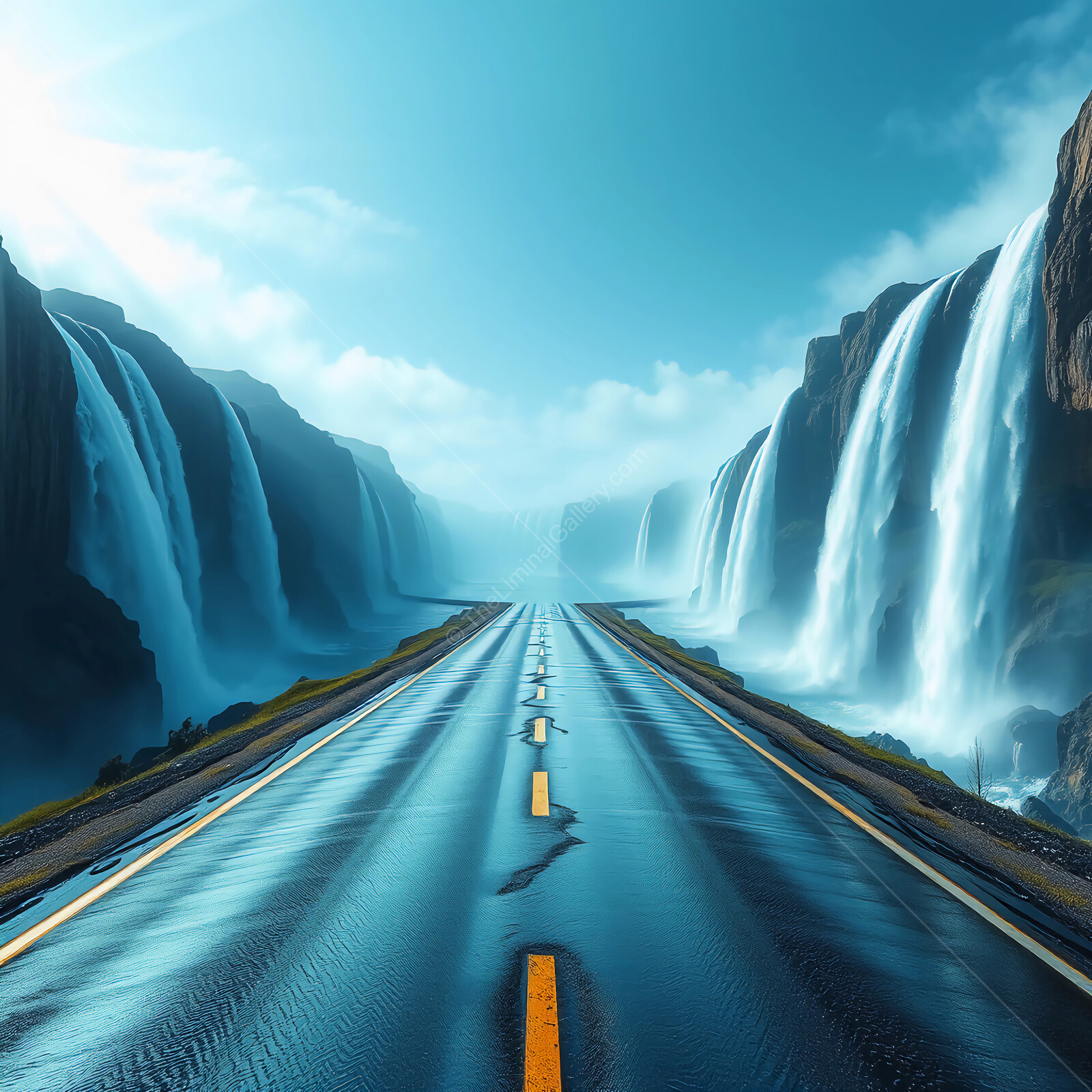 Majestic cascading waterfalls flanking a winding road beneath a vibrant blue sky