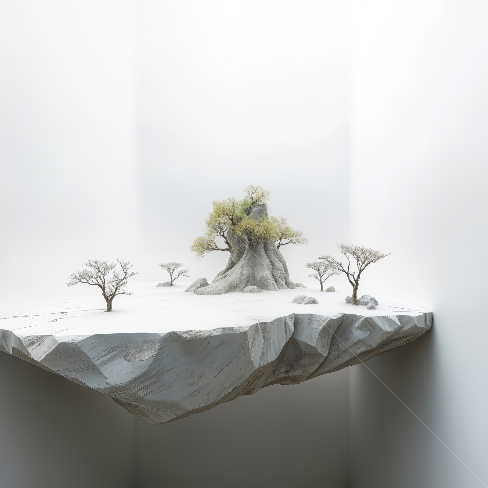 Whimsical floating landscape featuring a lush tree in a minimalist white space