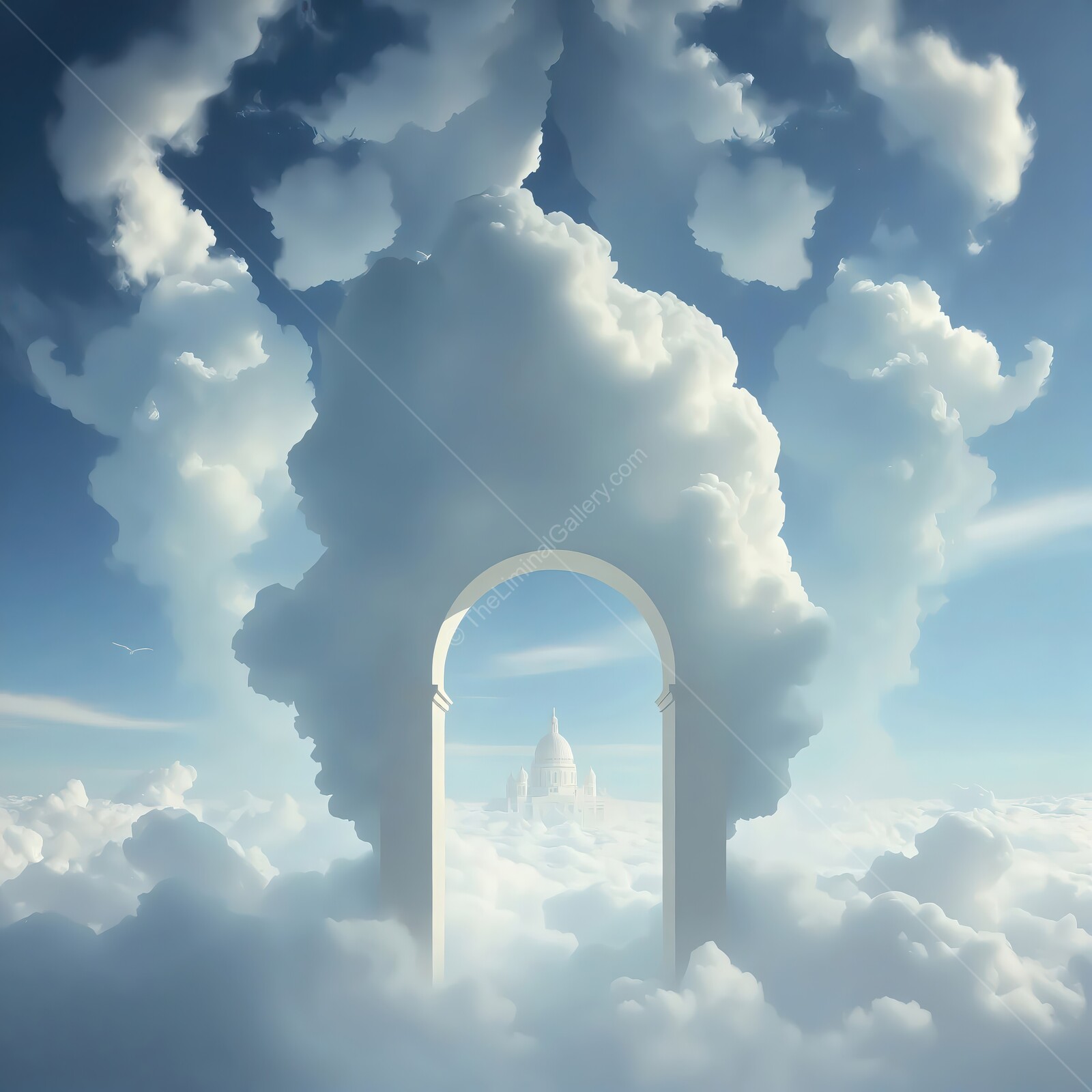 Whispers of liminal dreams in a cloud-filled sky with an ethereal archway leading to the unknown