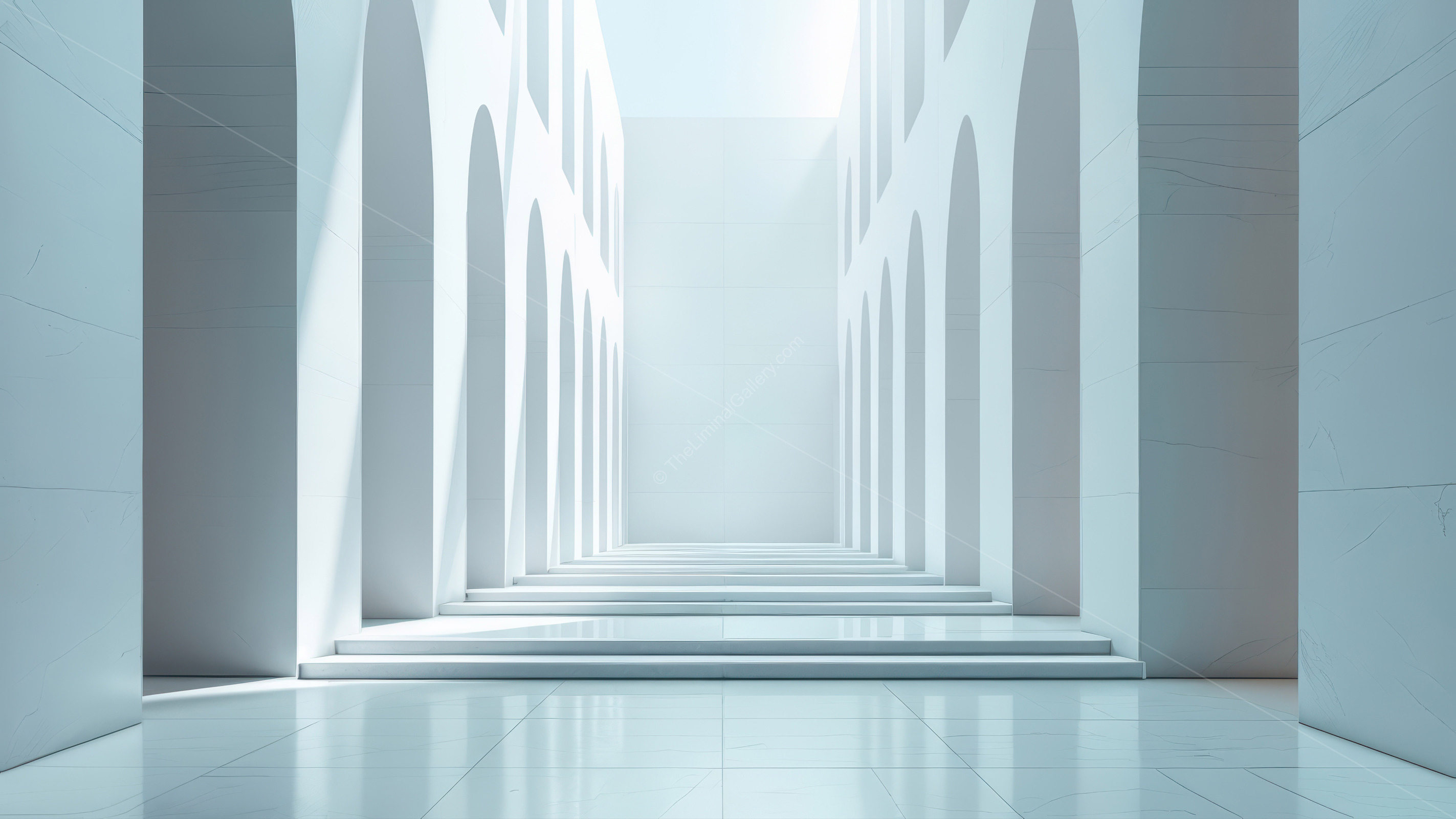 Elegant architectural simplicity captured in a serene space, showcasing light and shadow interplay against clean, white surfaces and arched structures
