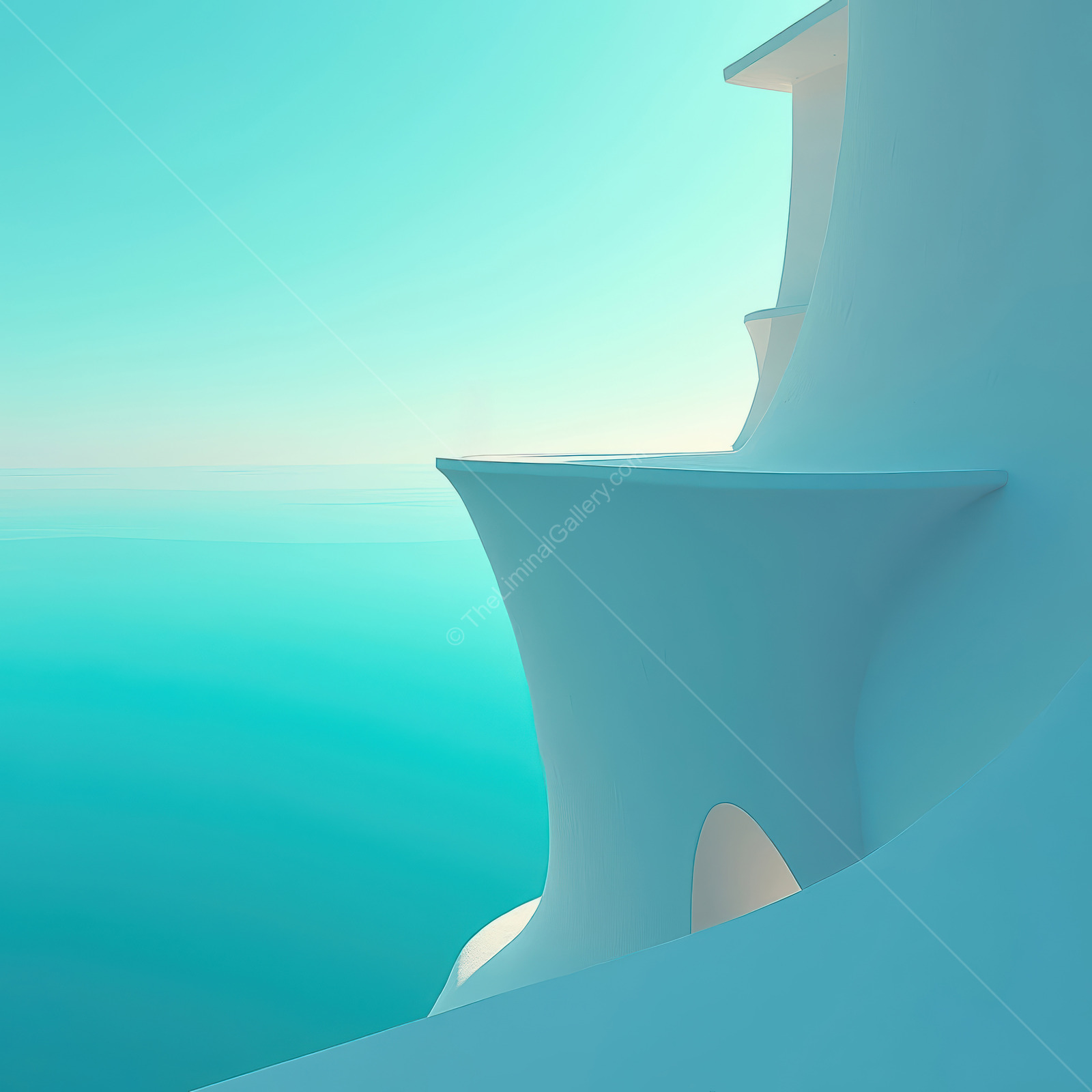 Captivating architecture overlooking serene waters at dawn, showcasing smooth white structures and tranquil turquoise reflections in the gentle light
