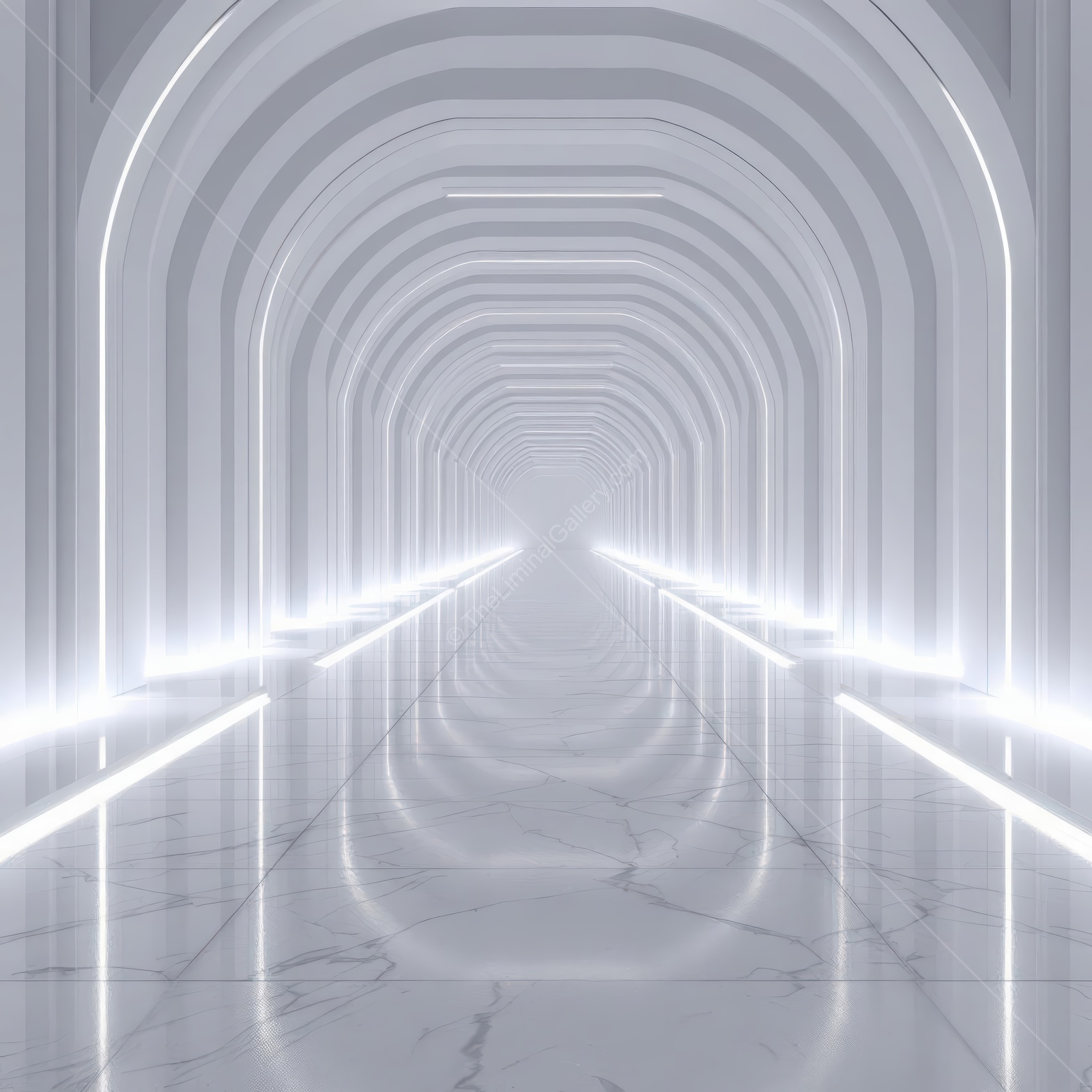 A serene corridor bathed in soft white light creates an ethereal ambiance in a liminal space