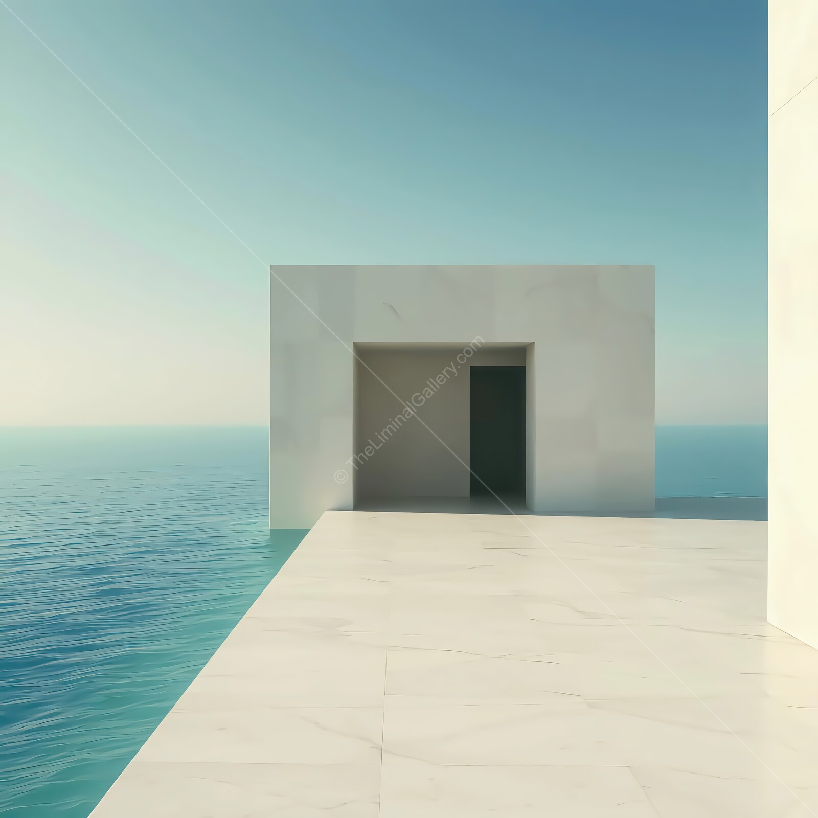 Modern liminal white structure extending into calm waters at dawn with serene horizons