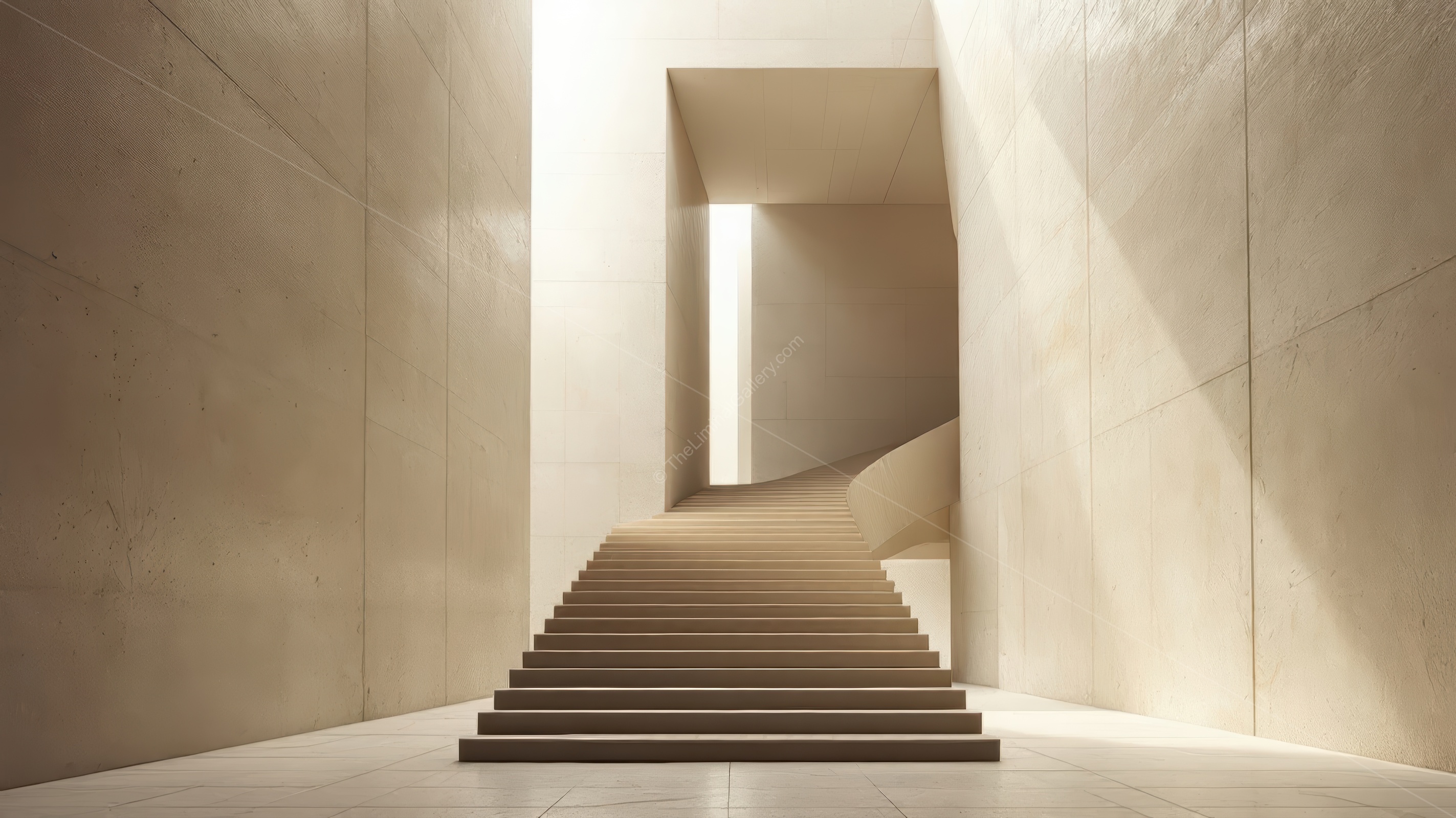 Cascading steps lead to a serene space bathed in natural light, inviting exploration and contemplation in a minimalistic architectural masterpiece