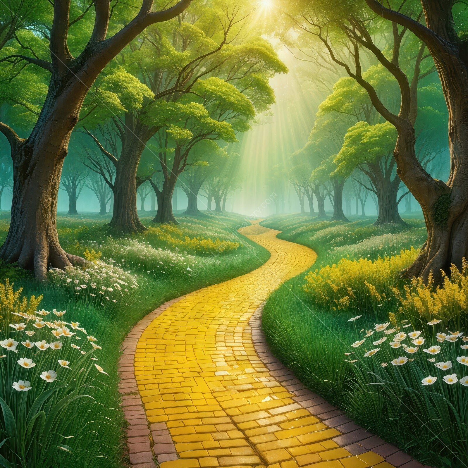 The Wizard of Oz - magical winding path through a vibrant forest bathed in golden sunlight
