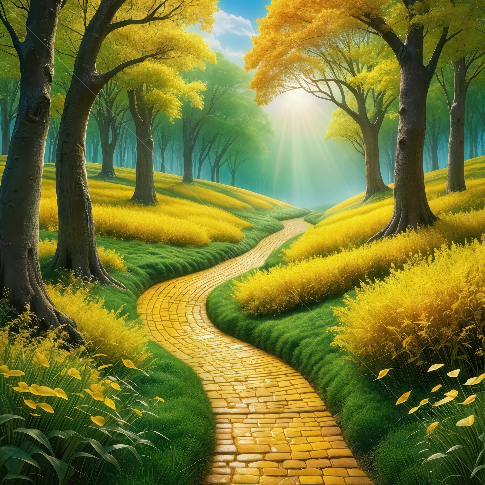 The Wizard of Oz - winding path through a golden forest under a bright sun in early autumn
