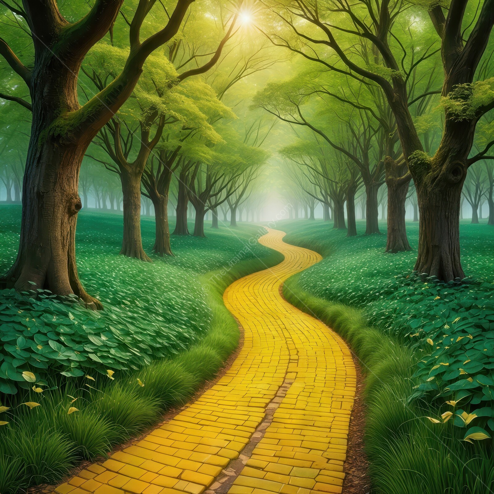 The Wizard of Oz - The yellow brick road through a lush forest with vibrant greenery and soft morning light