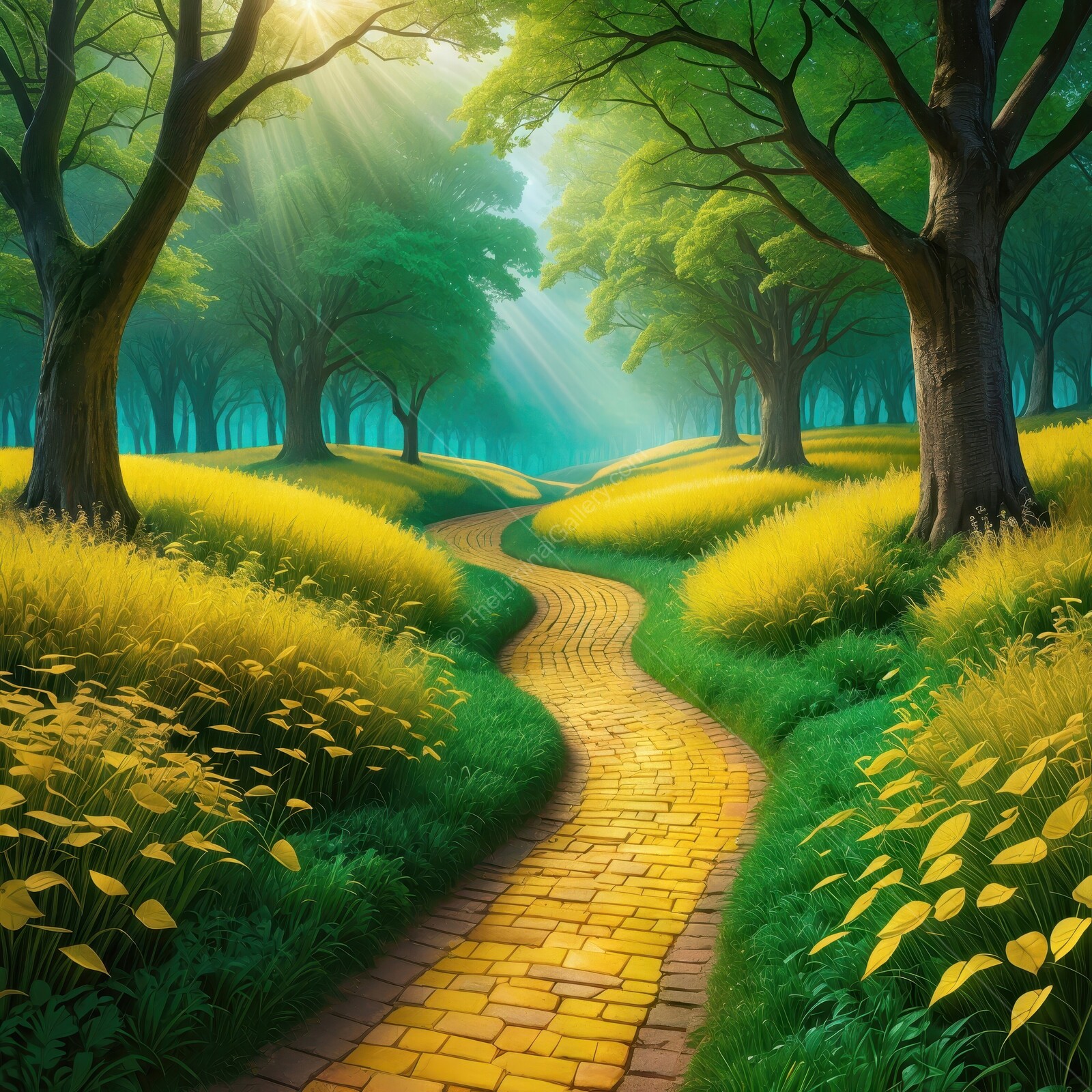 The Wizard of Oz - winding yellow brick path through a sunlit meadow in a magical forest setting
