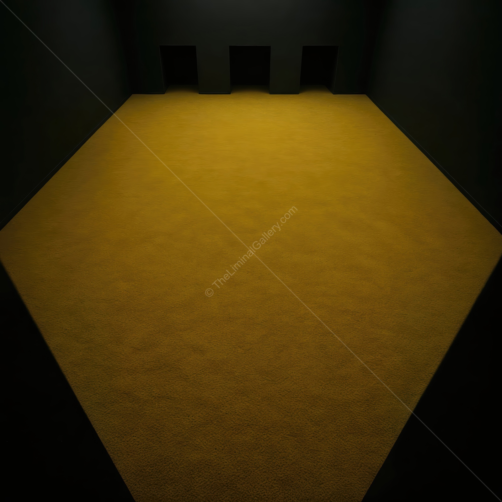 Bright yellow carpet contrasts with the dark walls in an eerie liminal space
