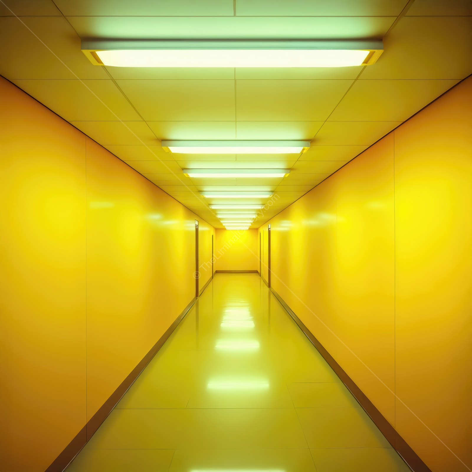Bright yellow corridor invites exploration in a surreal liminal space filled with glowing lights and smooth reflections