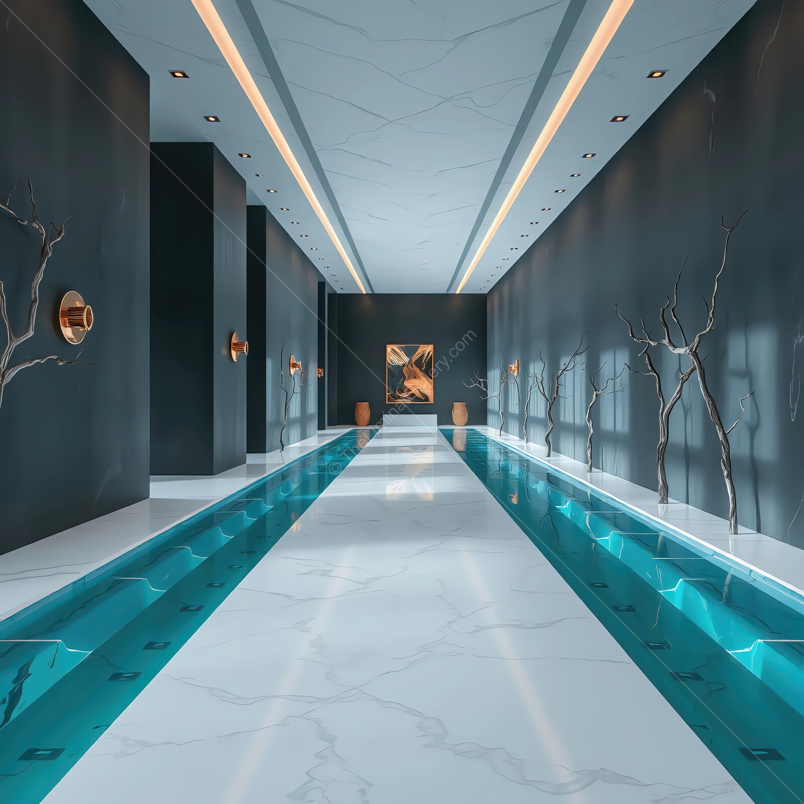 Captivating hallway with zen-inspired design and serene water features in modern architecture