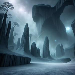 Mysterious landscape under a twilight sky with towering rock formations and eerie silhouettes of trees