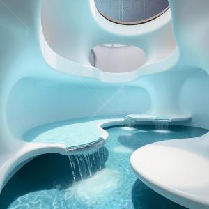 Tranquil waters flow through a minimalist indoor oasis with stunning architectural design
