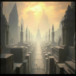 Mysterious ancient city bathed in golden sunlight with towering spires