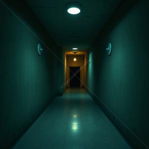 Mysterious hall with soft lighting that leads to an unknown doorway in a quiet building at night