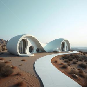 Unique modern liminal architecture curves against a serene desert backdrop at twilight