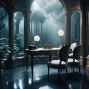 Ethereal elegance of a vintage study bathed in moonlight with lush greenery outside