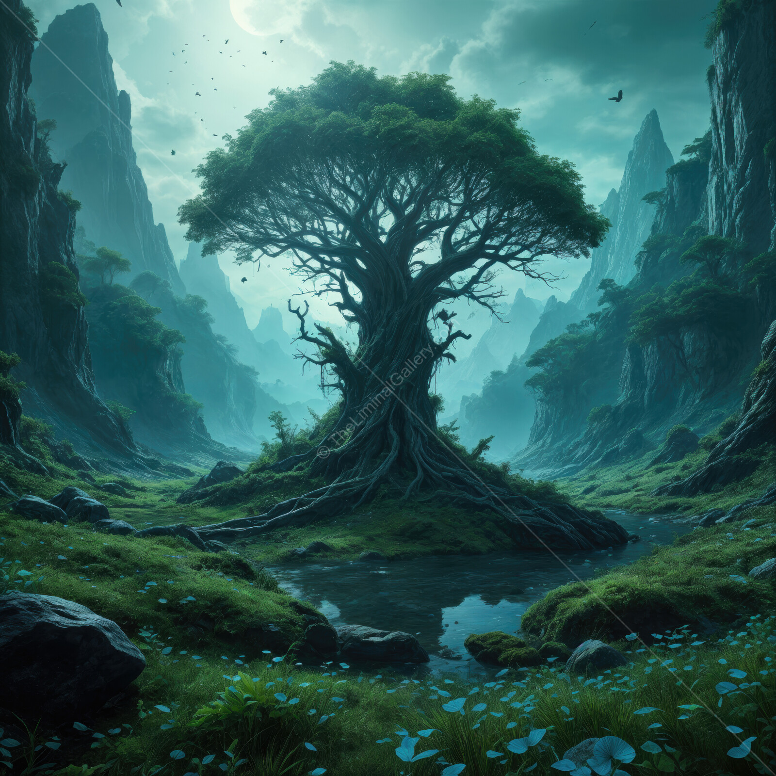 Majestic ancient tree stands tall in an enchanted valley with misty peaks under a starry sky