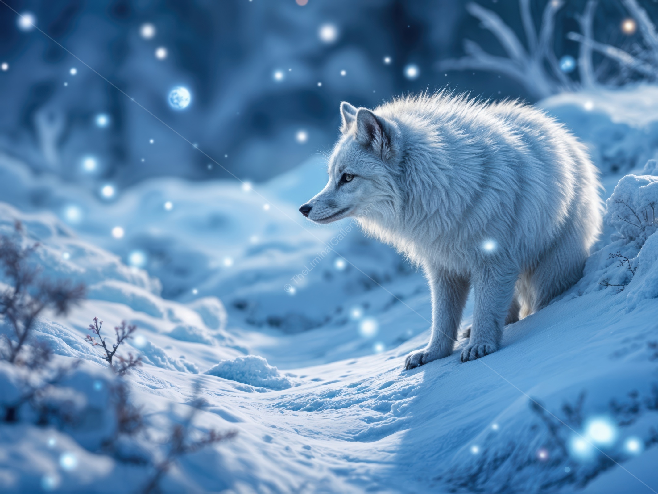 Snow-covered landscape with a majestic arctic fox observing the winter wonderland at twilight